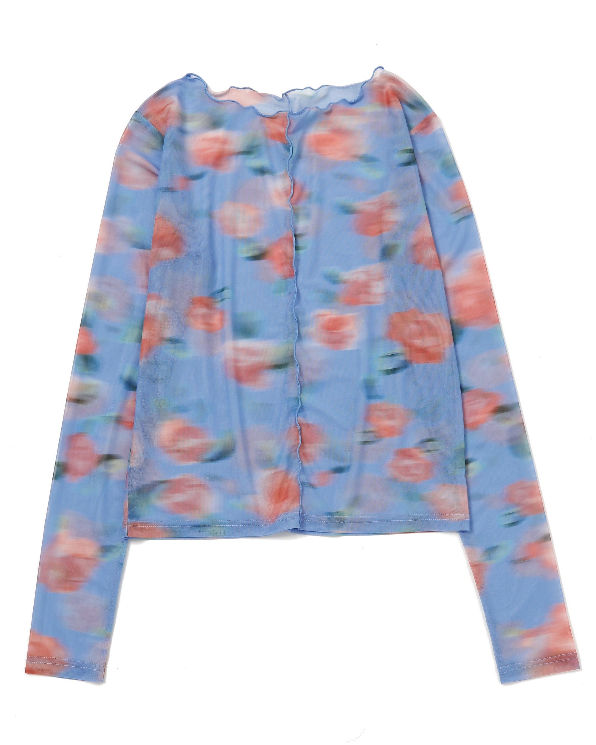 Blurred pink flowers see-through tops (Round neck)