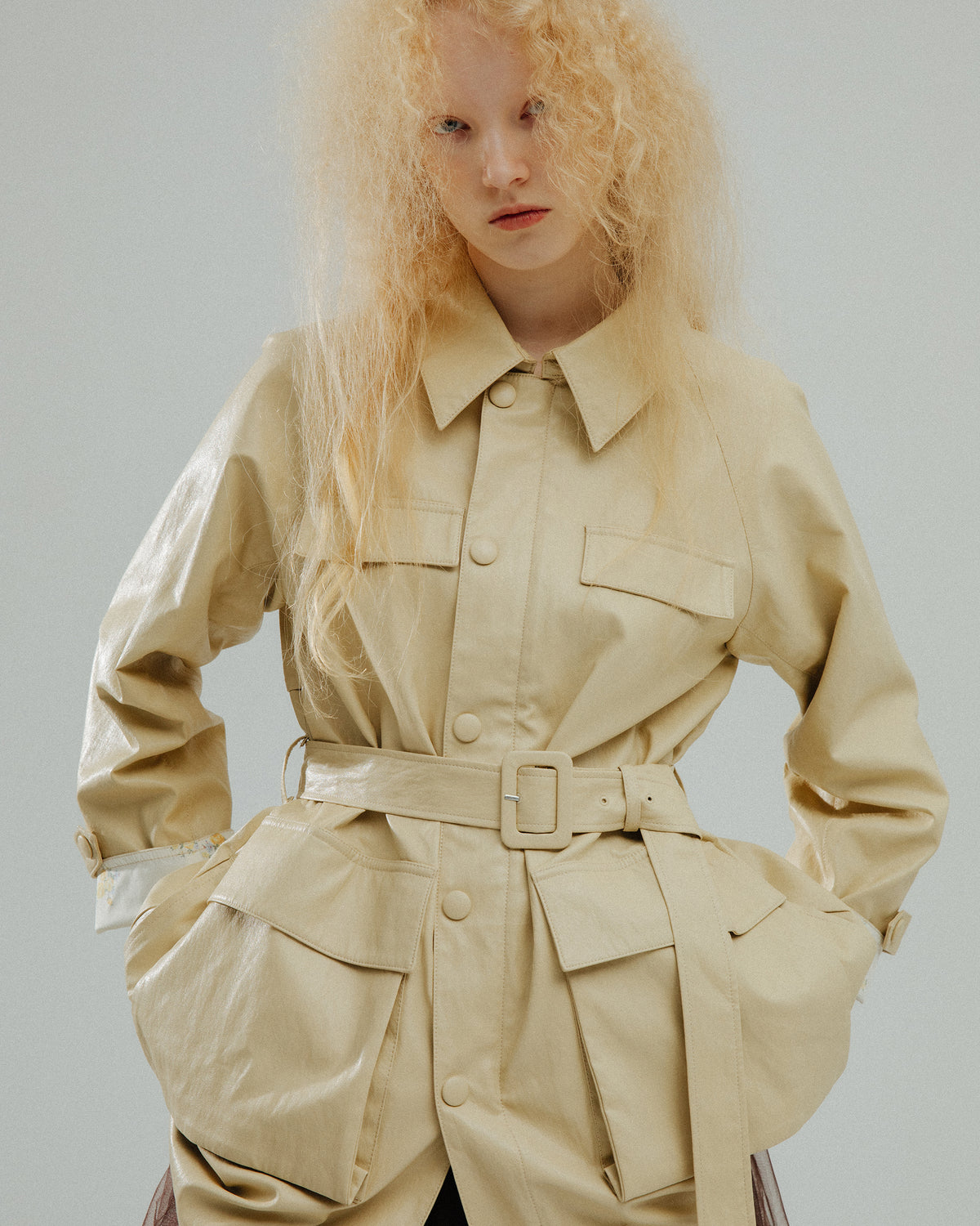 Fake leather utility midi coat