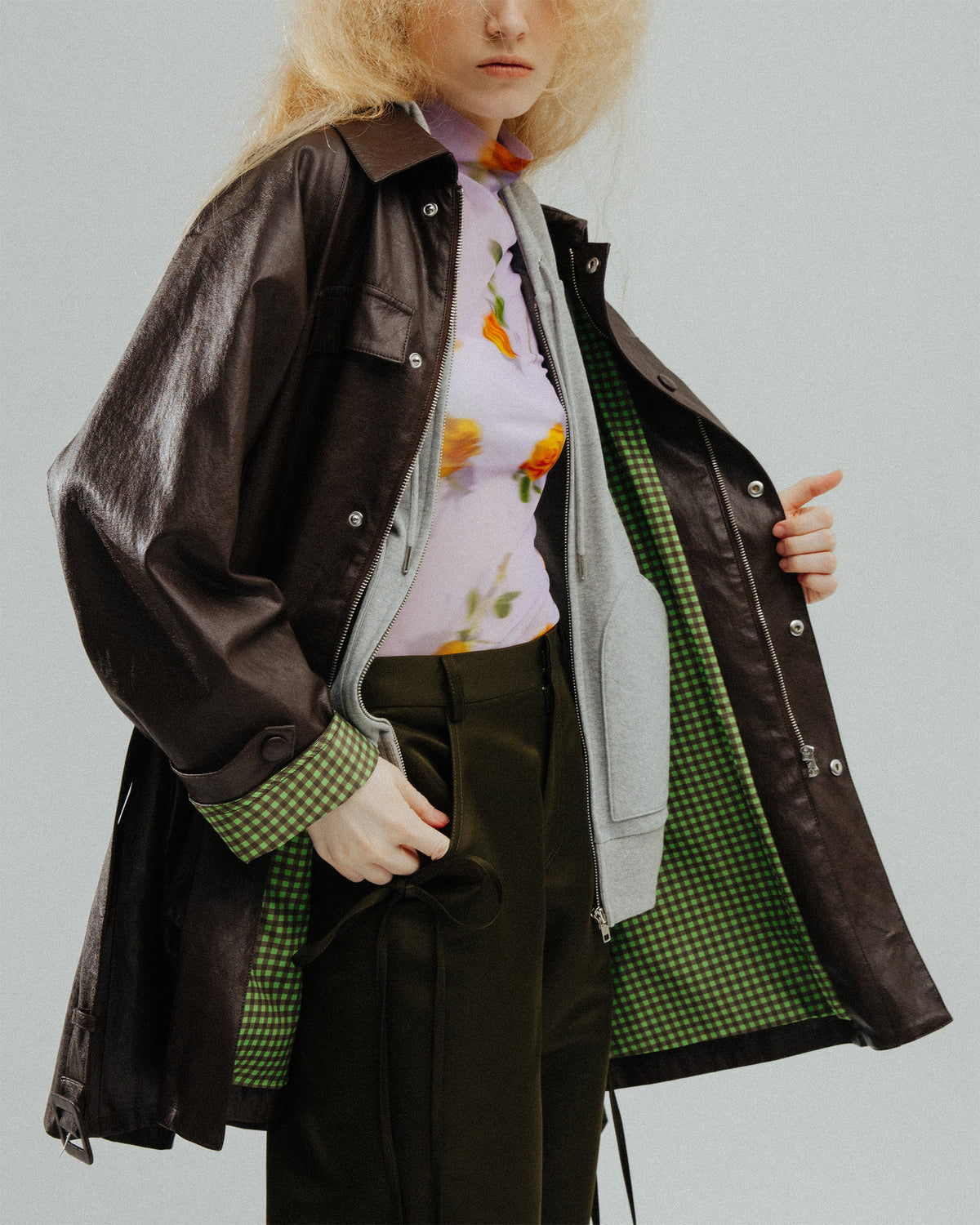 Fake leather utility midi coat