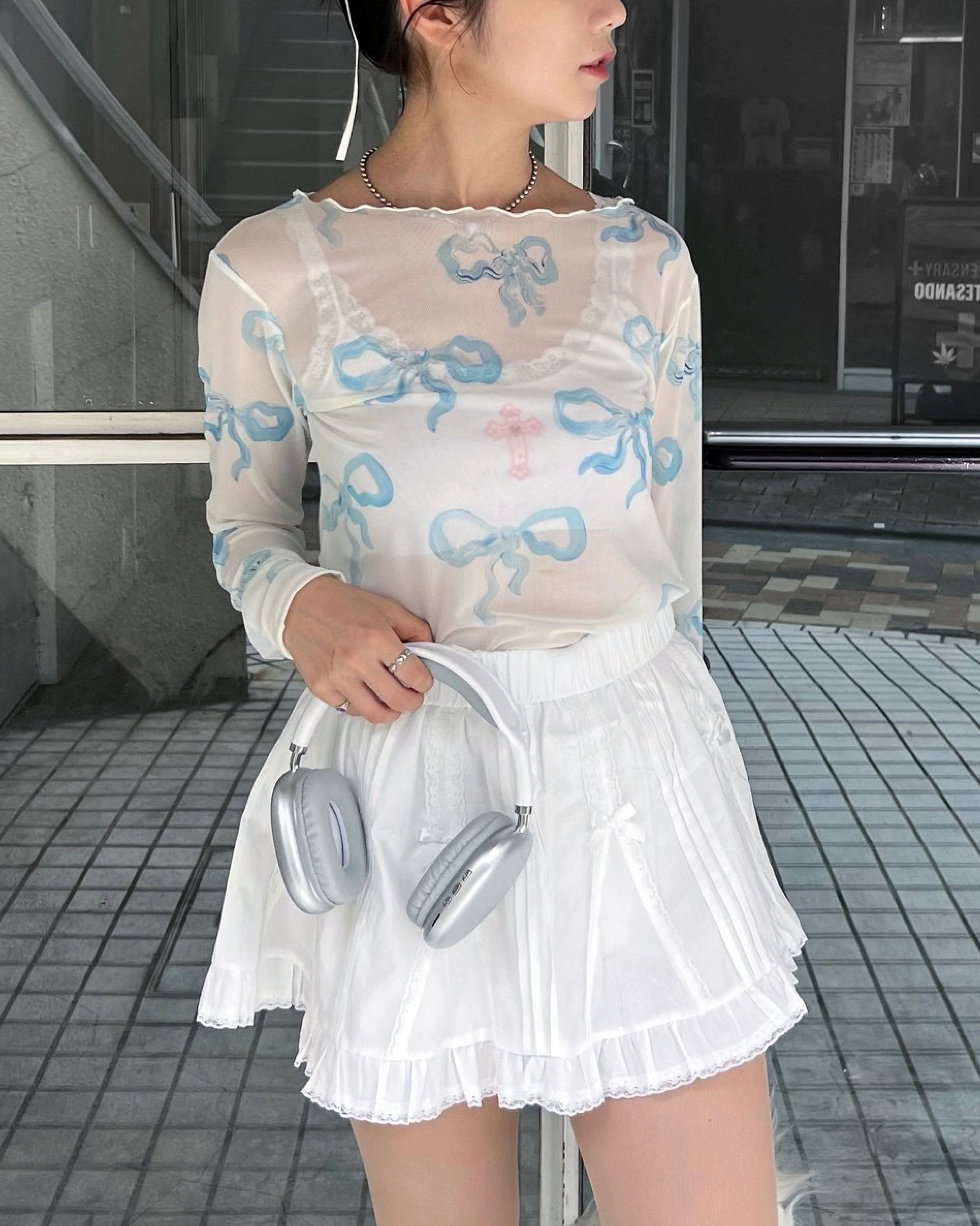 Baby blue ribbon see-through tops(Round neck)