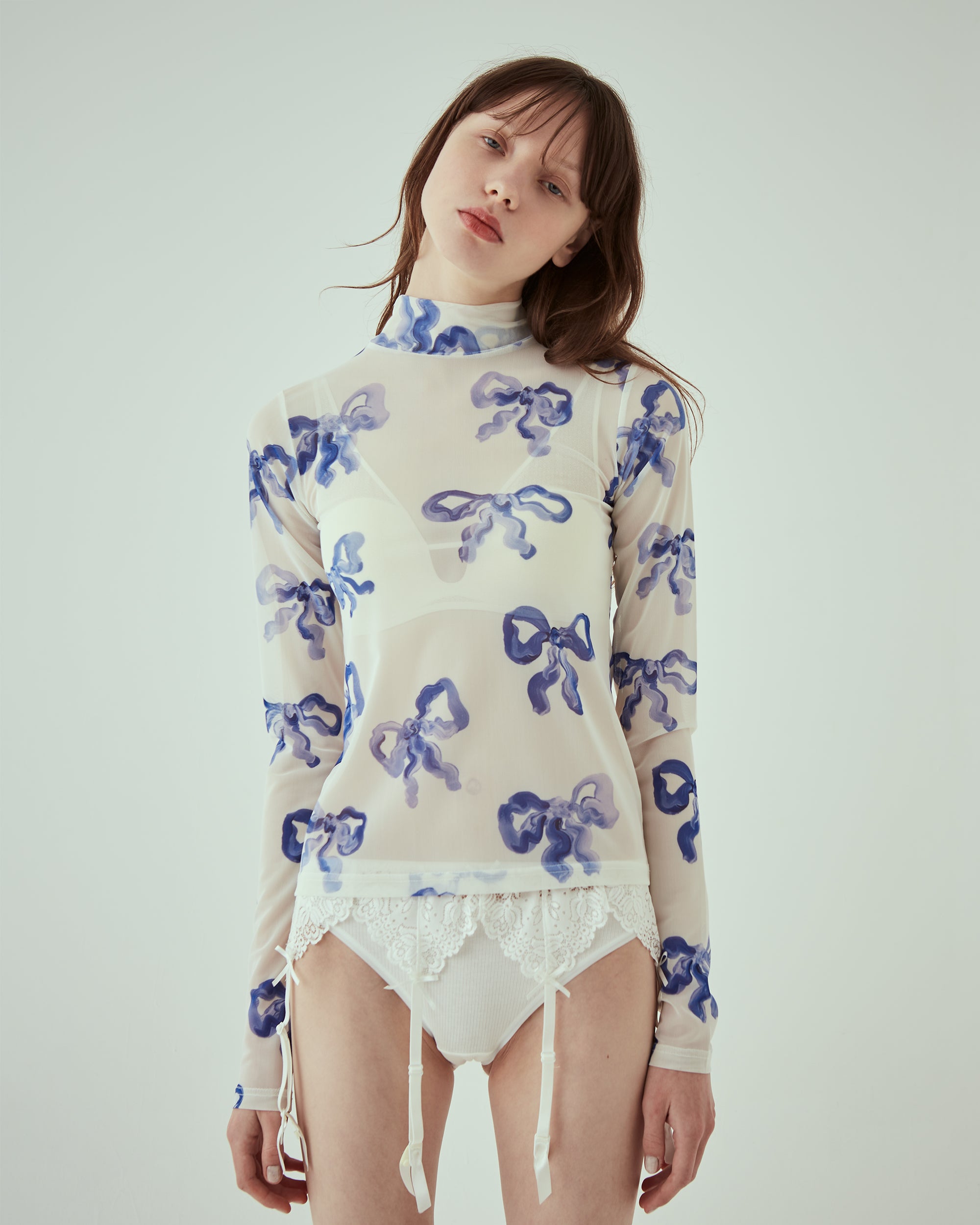 Blue ribbon see-through tops (High neck)