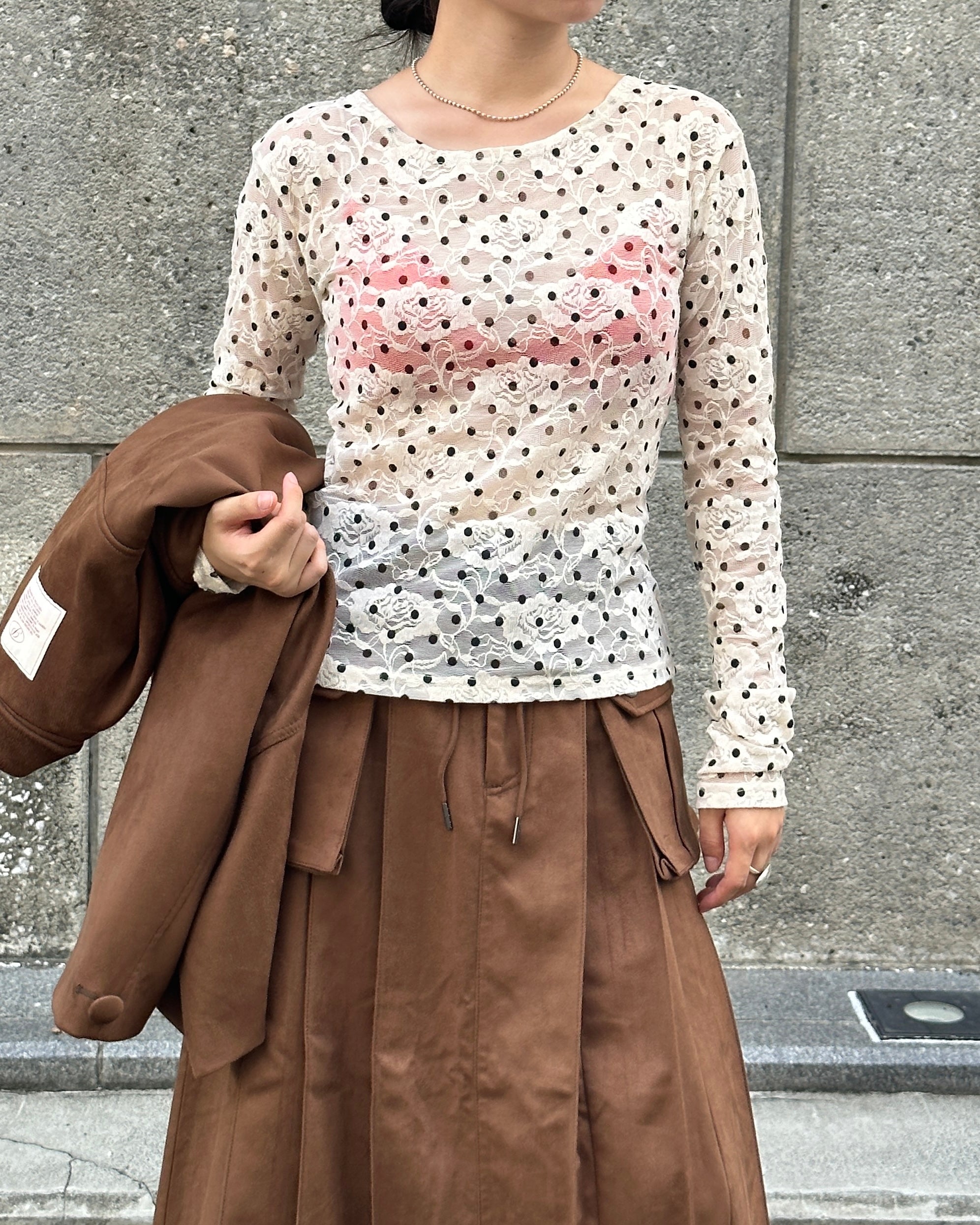 poppy DOT LACE SEE-THROUGH TOP レース トップス Dot lace see-through top (round neck)