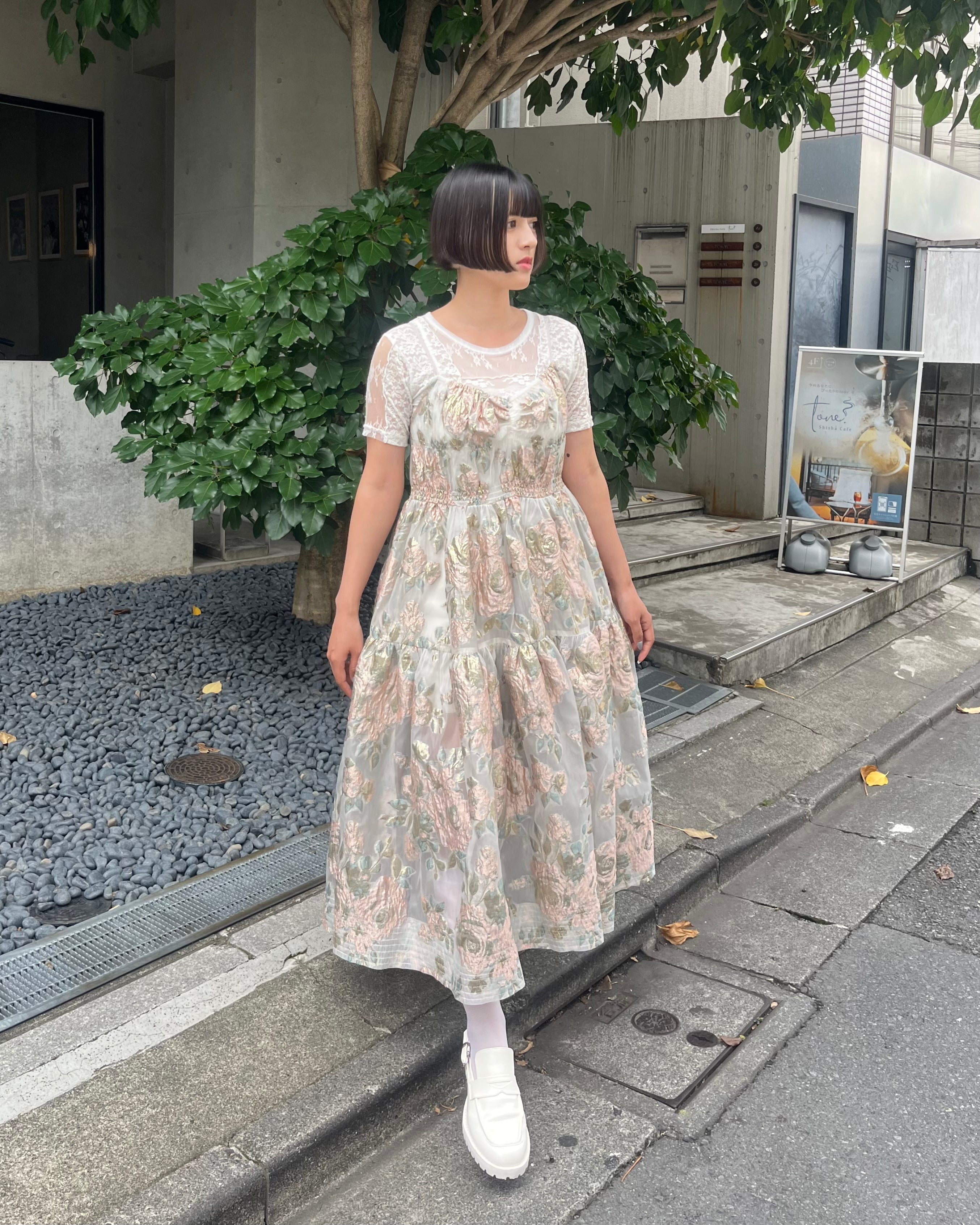 Pink gold jacquard cami dress