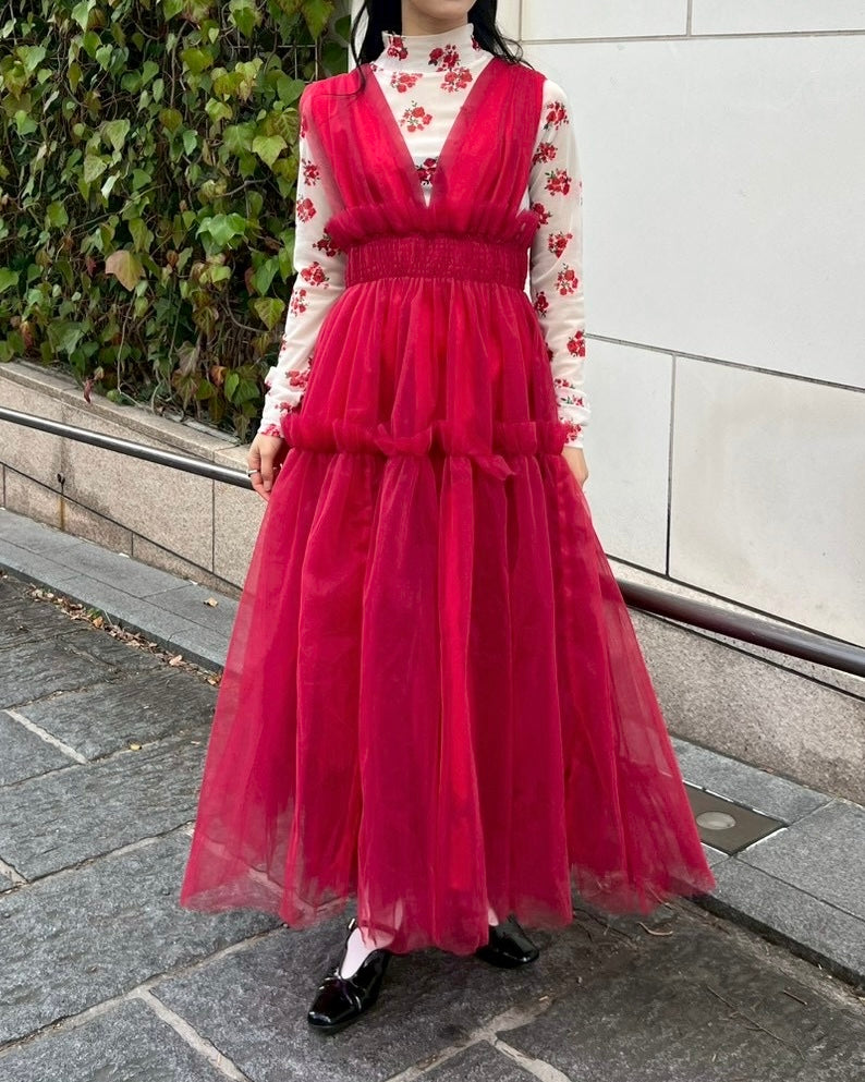 POPPY トップス RED BOUQUET SEE-THROUGH TOPS Red bouquet see-through tops (High / Round neck)