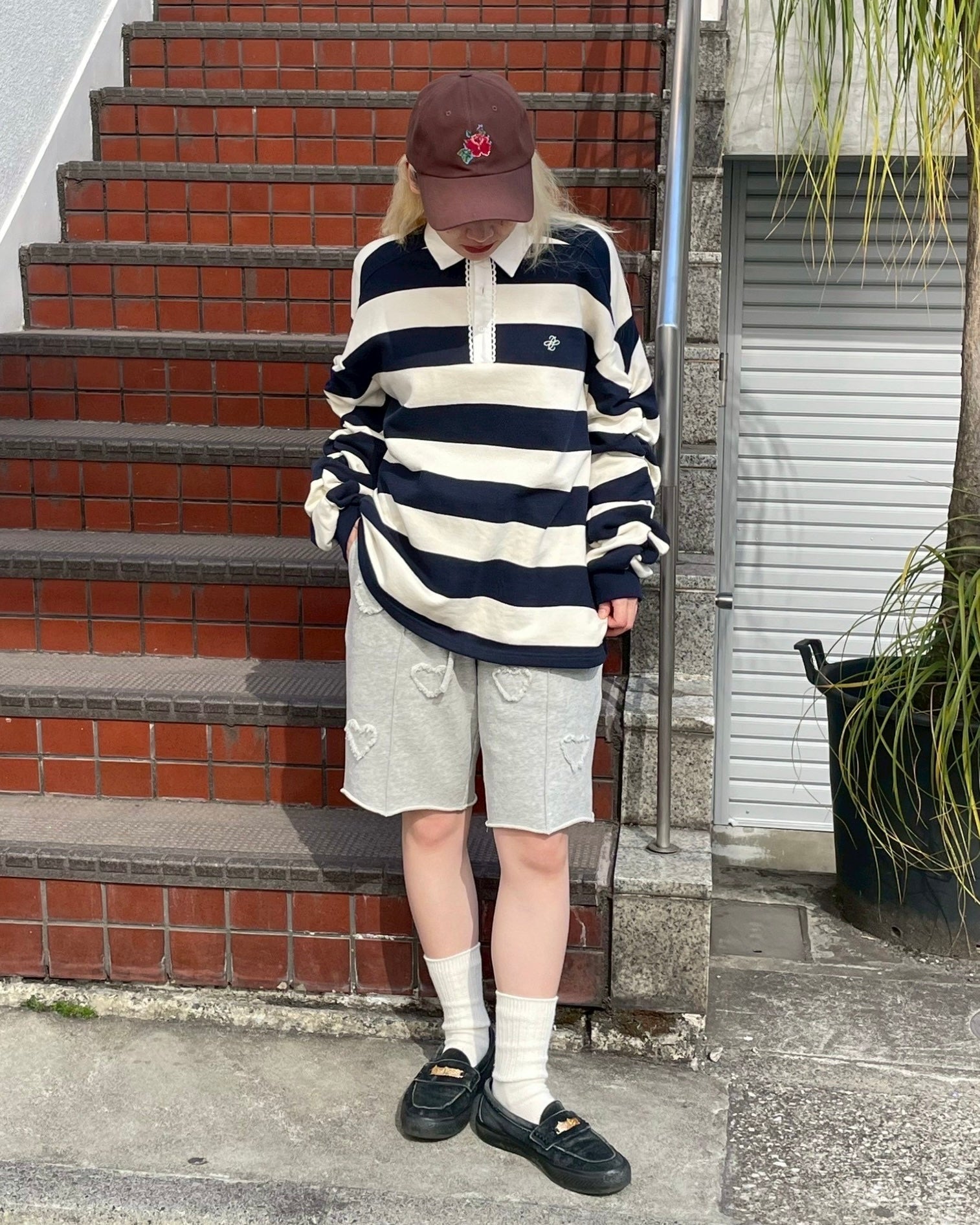 Gathered sleeve rugby shirt (ivory/navy)