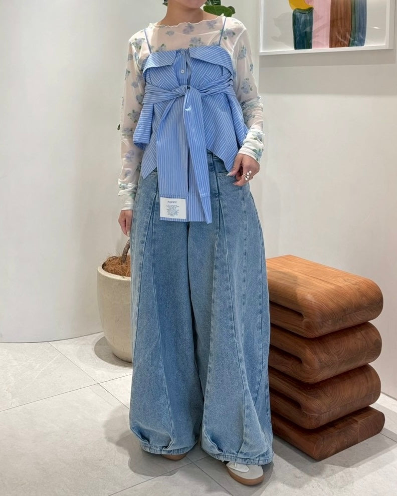 Blue blurred flower see-through tops (round neck)