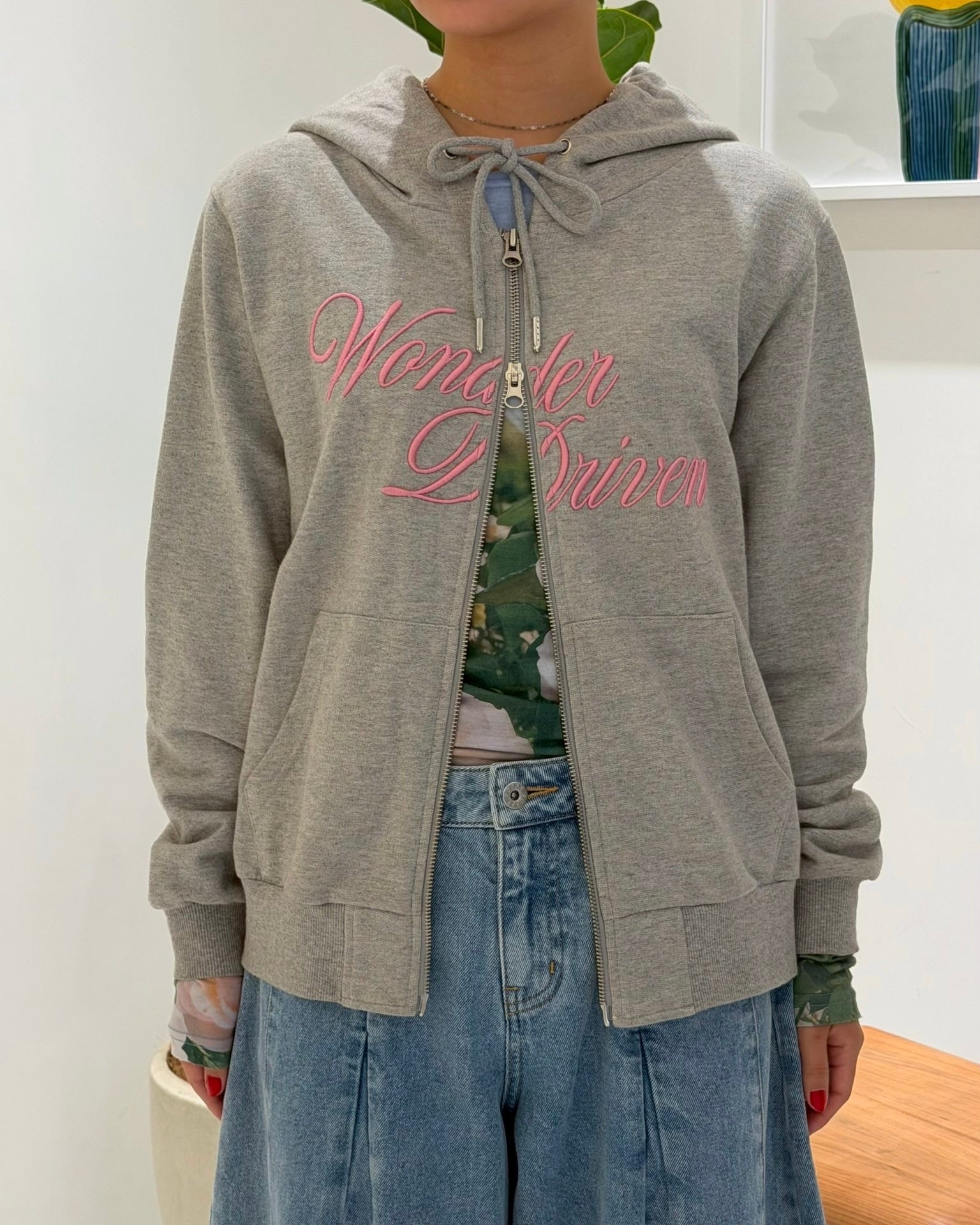 パーカー poppy LACE UP CURVE HOODIE FLOWER tulle docking hoodie（gray）