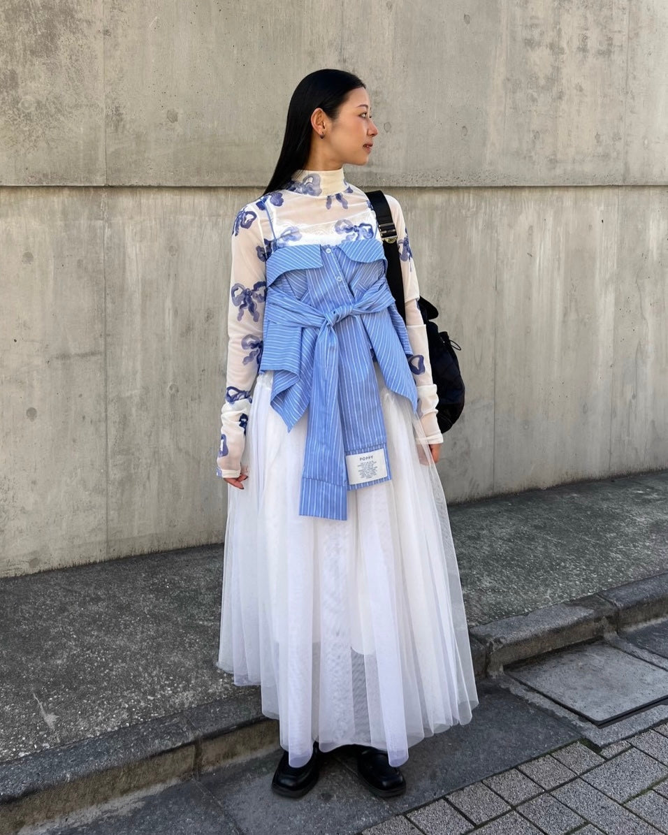 Blue ribbon see-through tops (High neck)