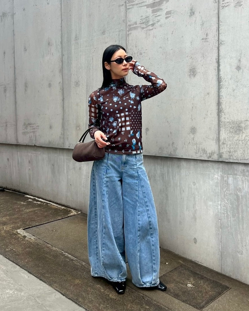 Pleated balloon denim pants