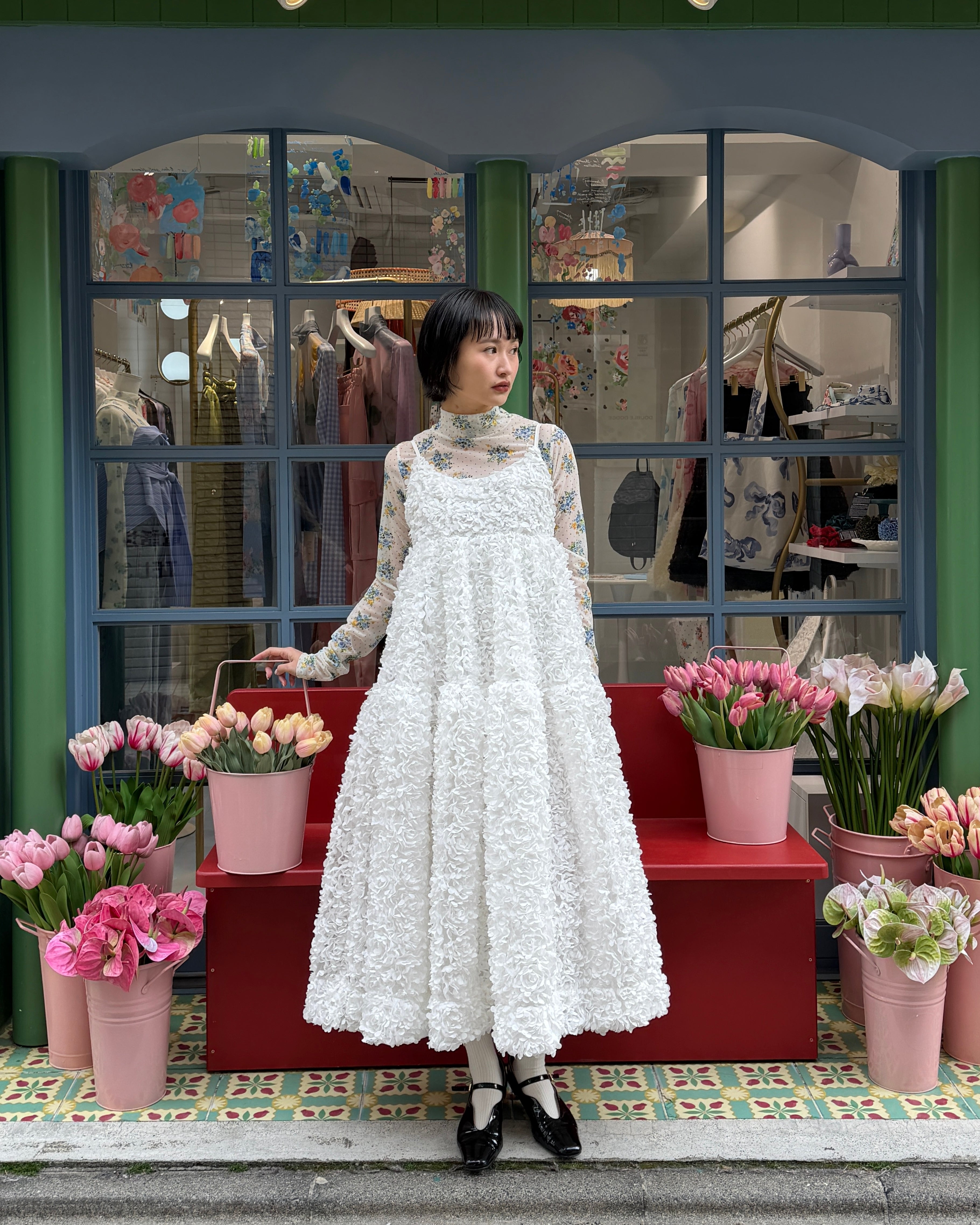 Romantic flower dot see-through tops (high neck)