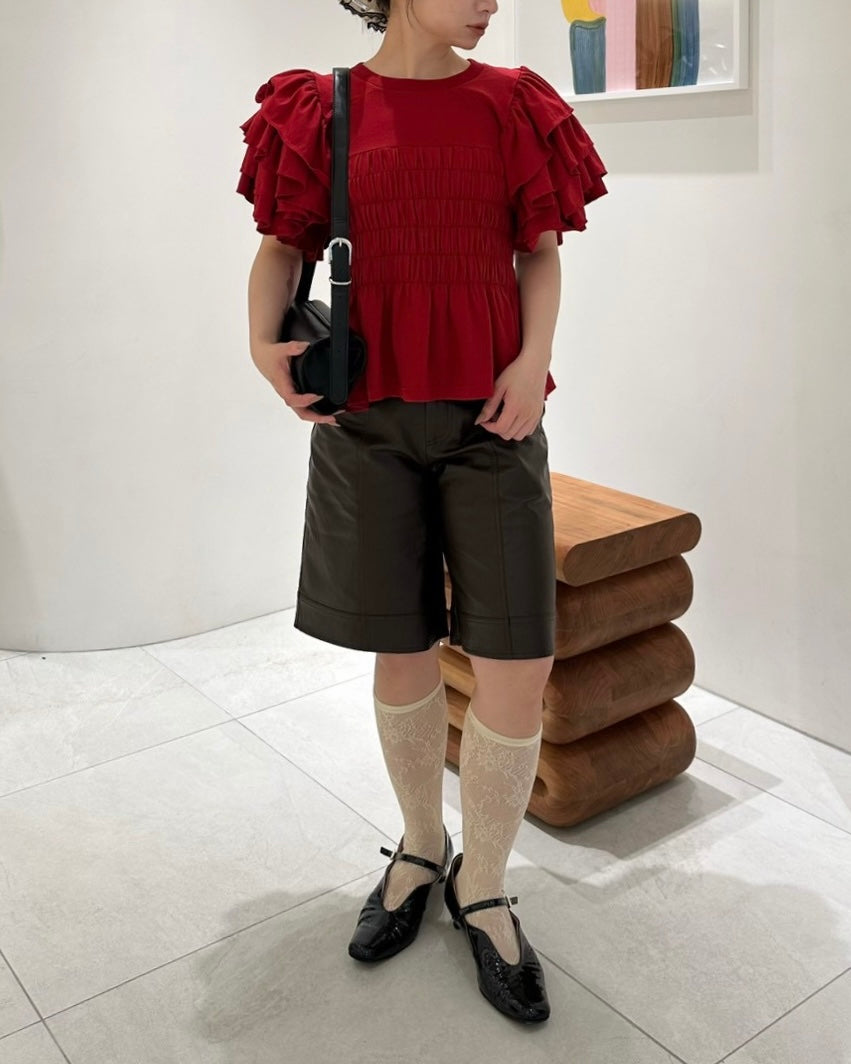 トップス TIERED FRILL SLEEVE SHIRRING T-SHIRT Tiered frill sleeve shirring t-shirt