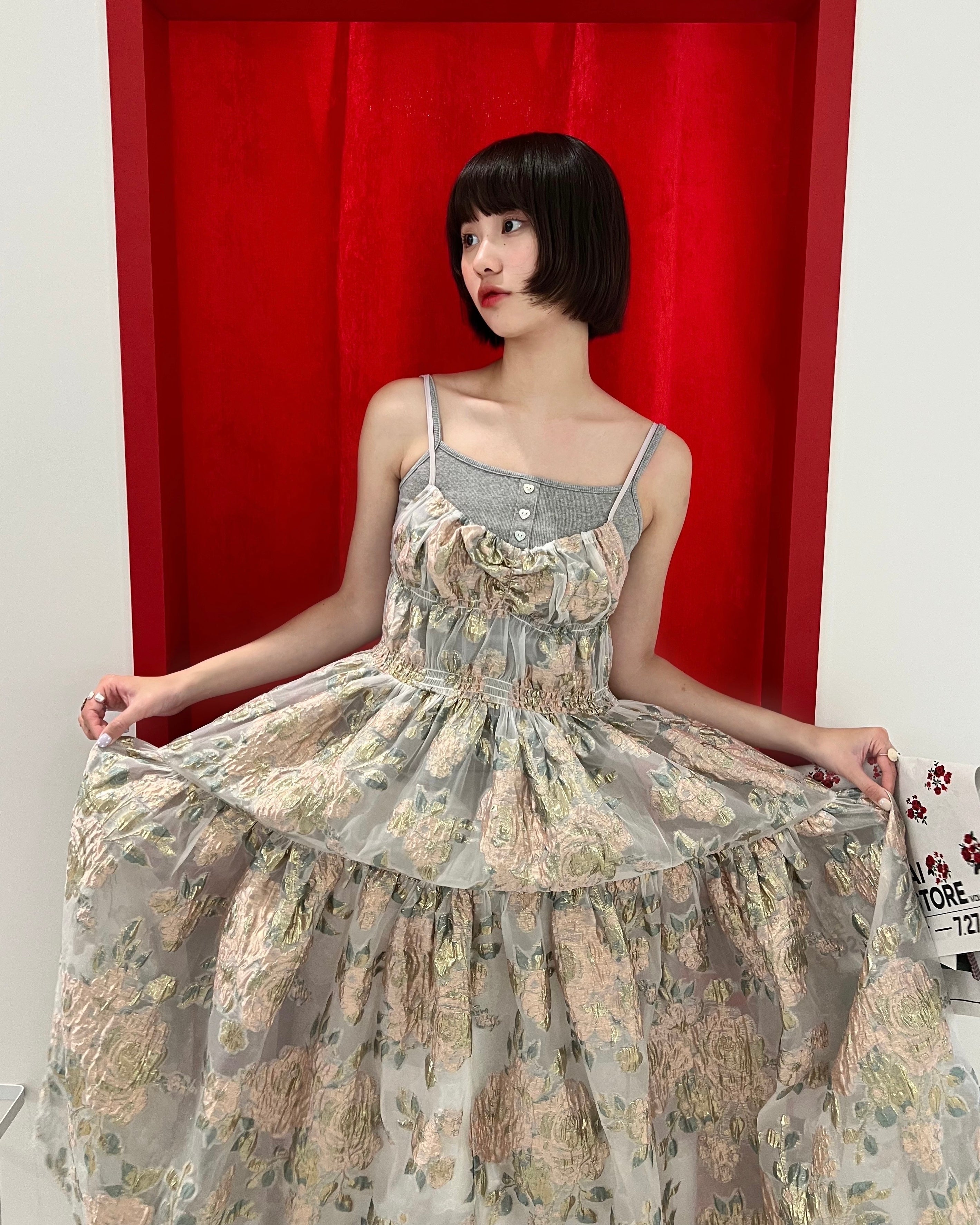 Pink gold jacquard cami dress