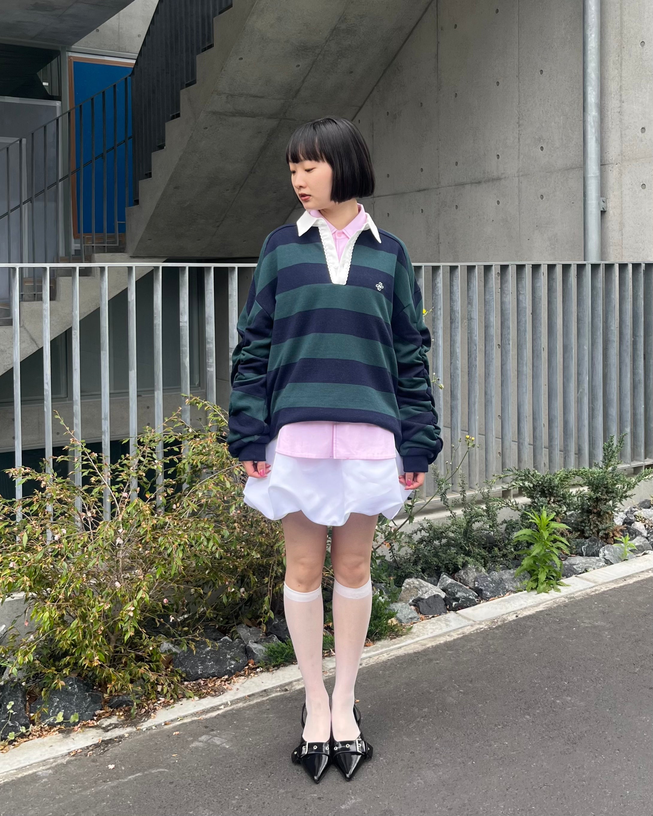 POPPY ギャザースリーブ ラガーシャツ ピンク×グレー 新品未使用