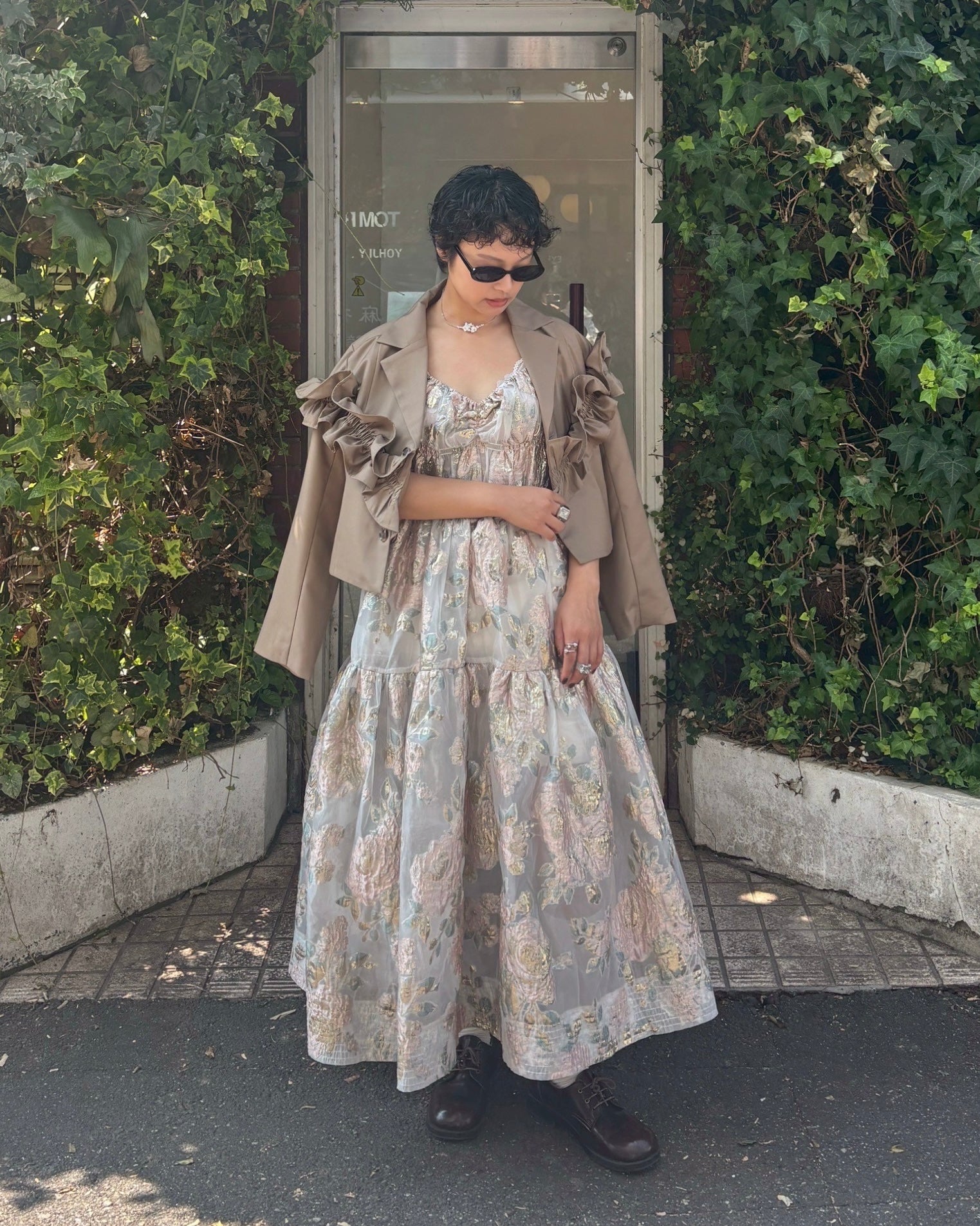 Pink gold jacquard cami dress