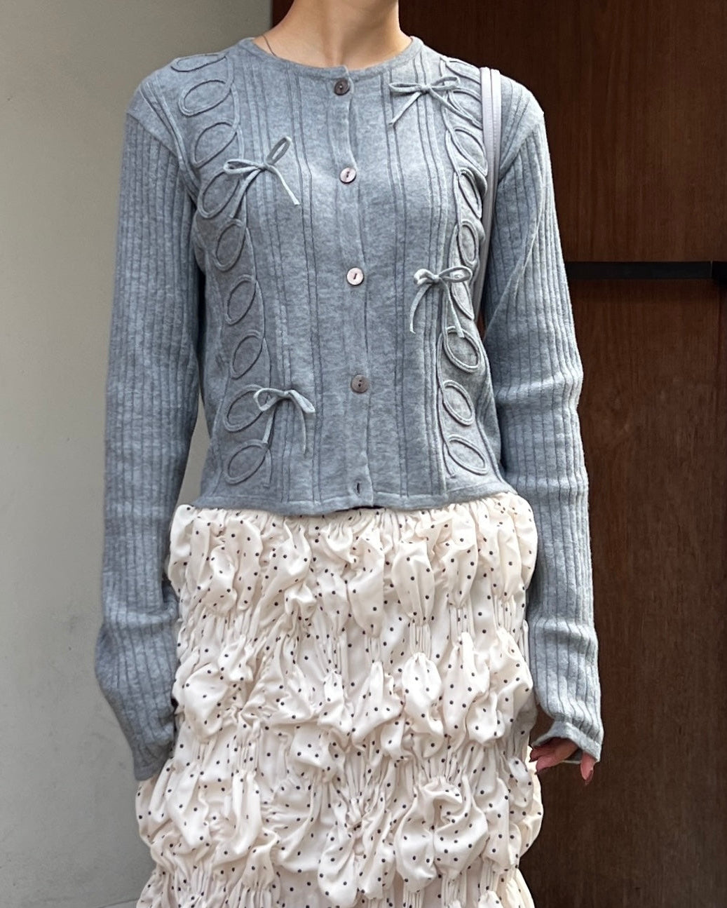 Kurukuru ribbon rib knit cardigan (gray)