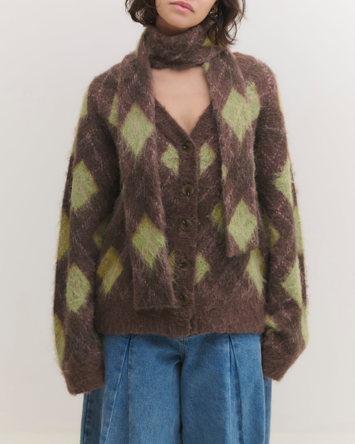 Muffler ensemble argyle cardigan