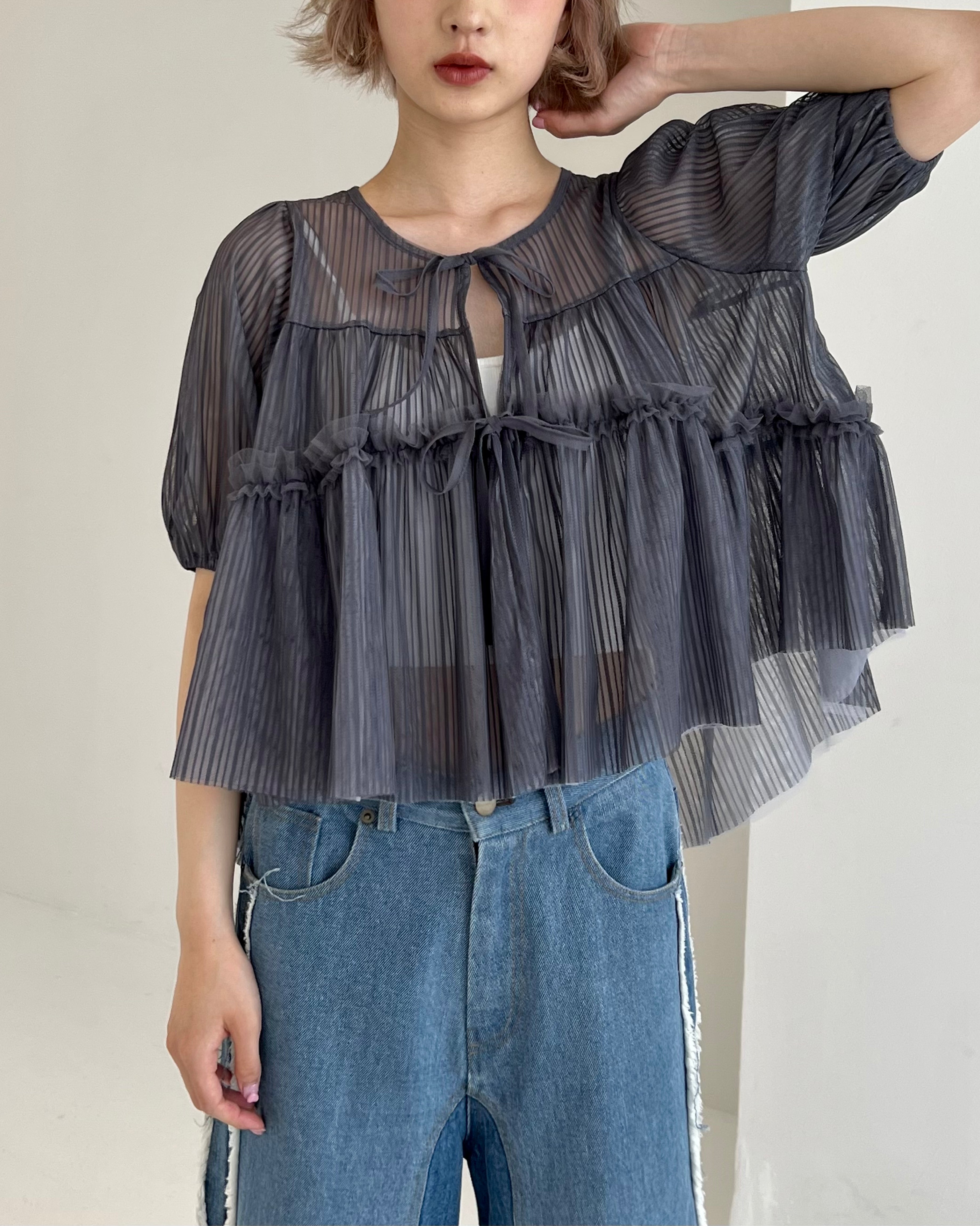 PUFF TIED BOLERO (STRIPE GRAY)