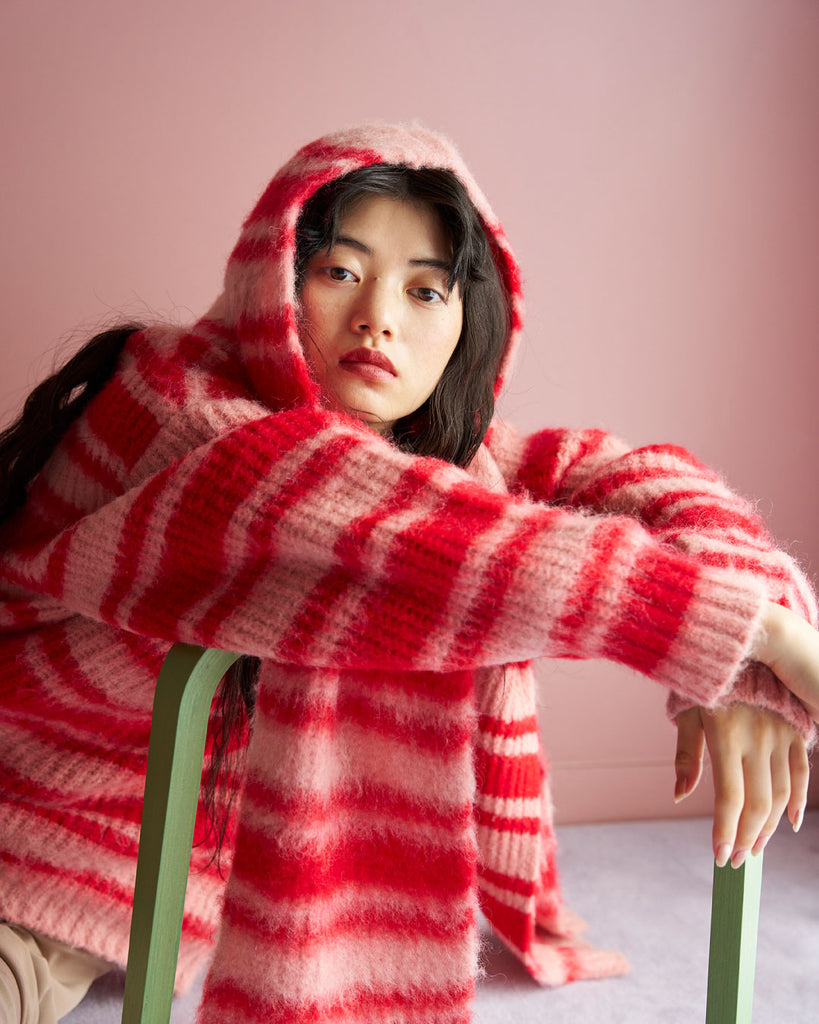 Border knit hood warmer (Red × Pink)