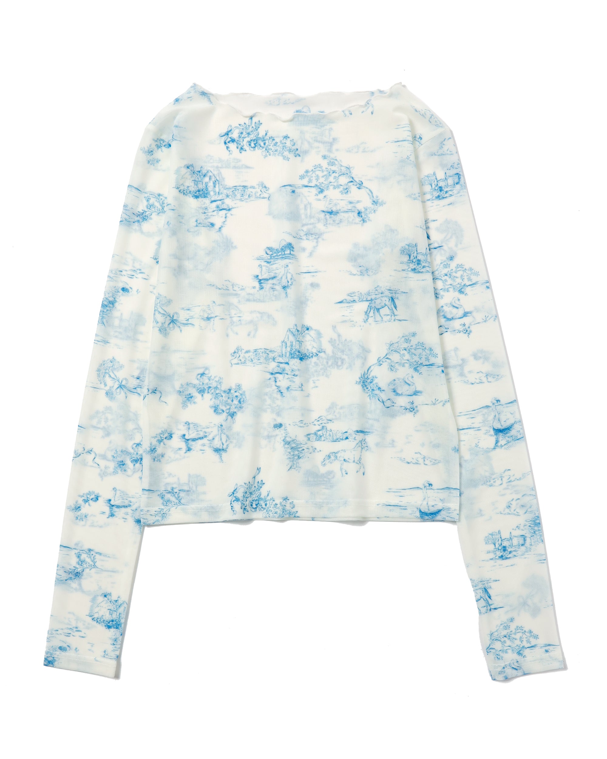 【POPPY】TOILE DE JOUY SHIRRING TUNIC Toile de Jouy see-through tops (Round neck)