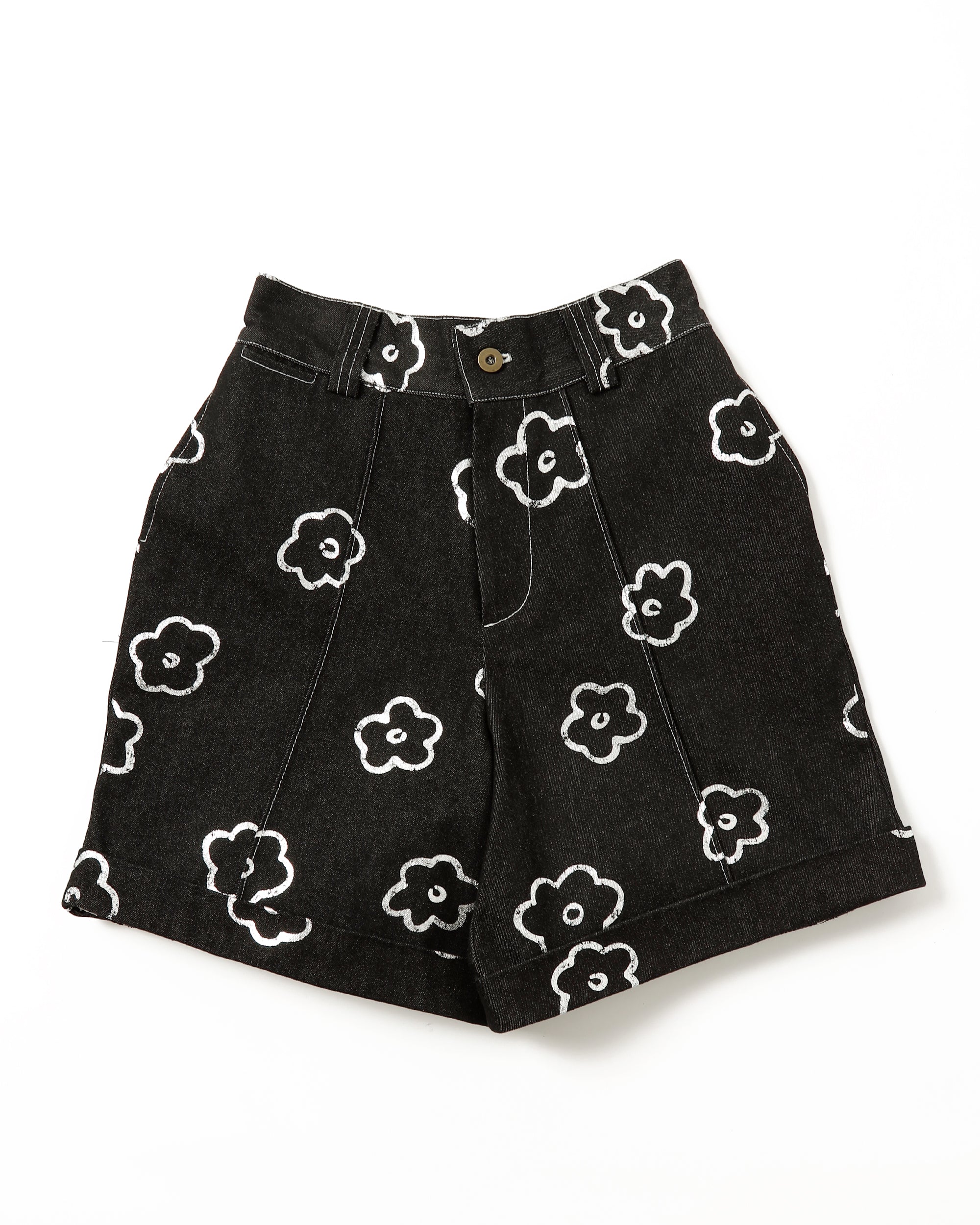 Silver flower half denim pants