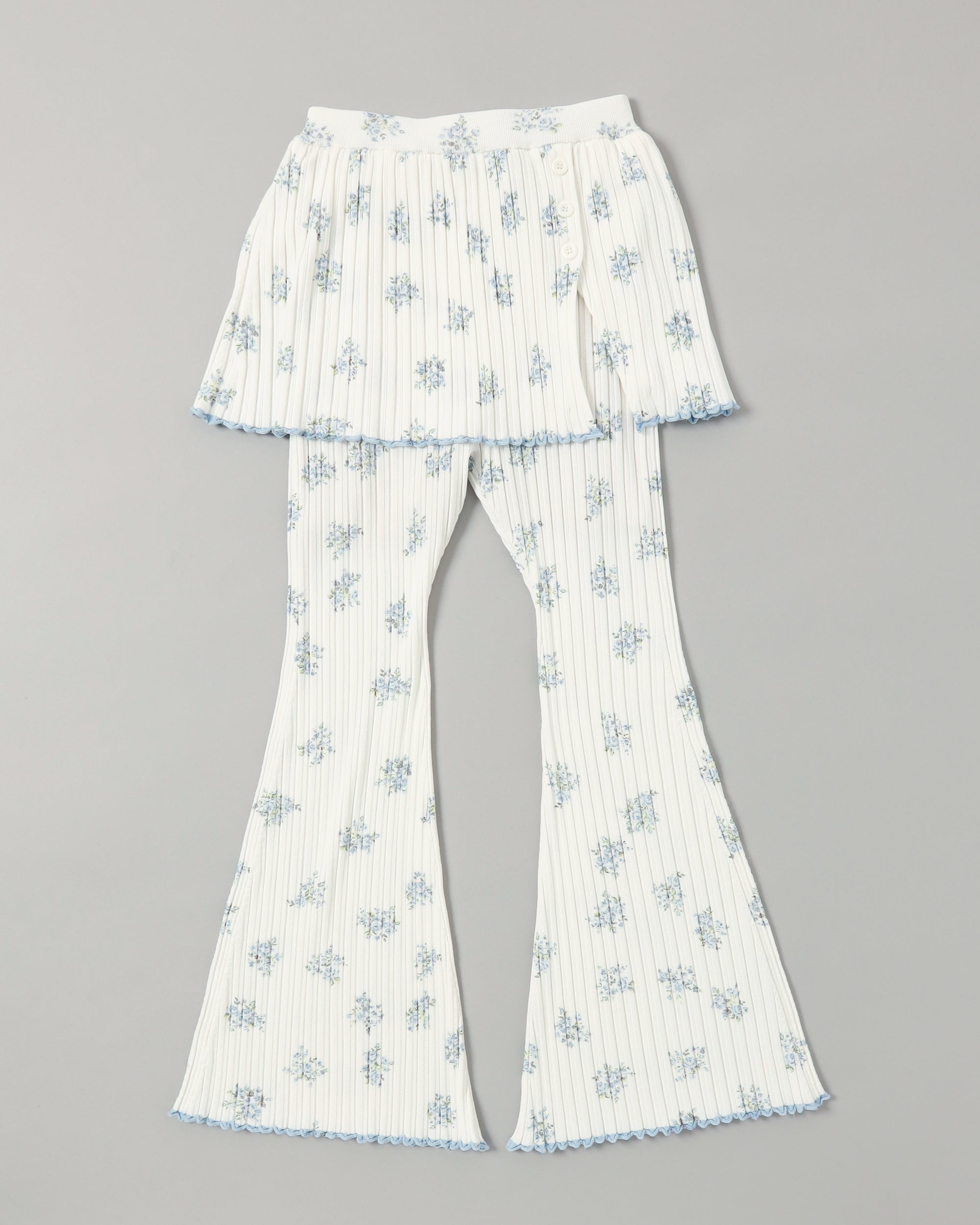 Blue flower rib knit flare pants