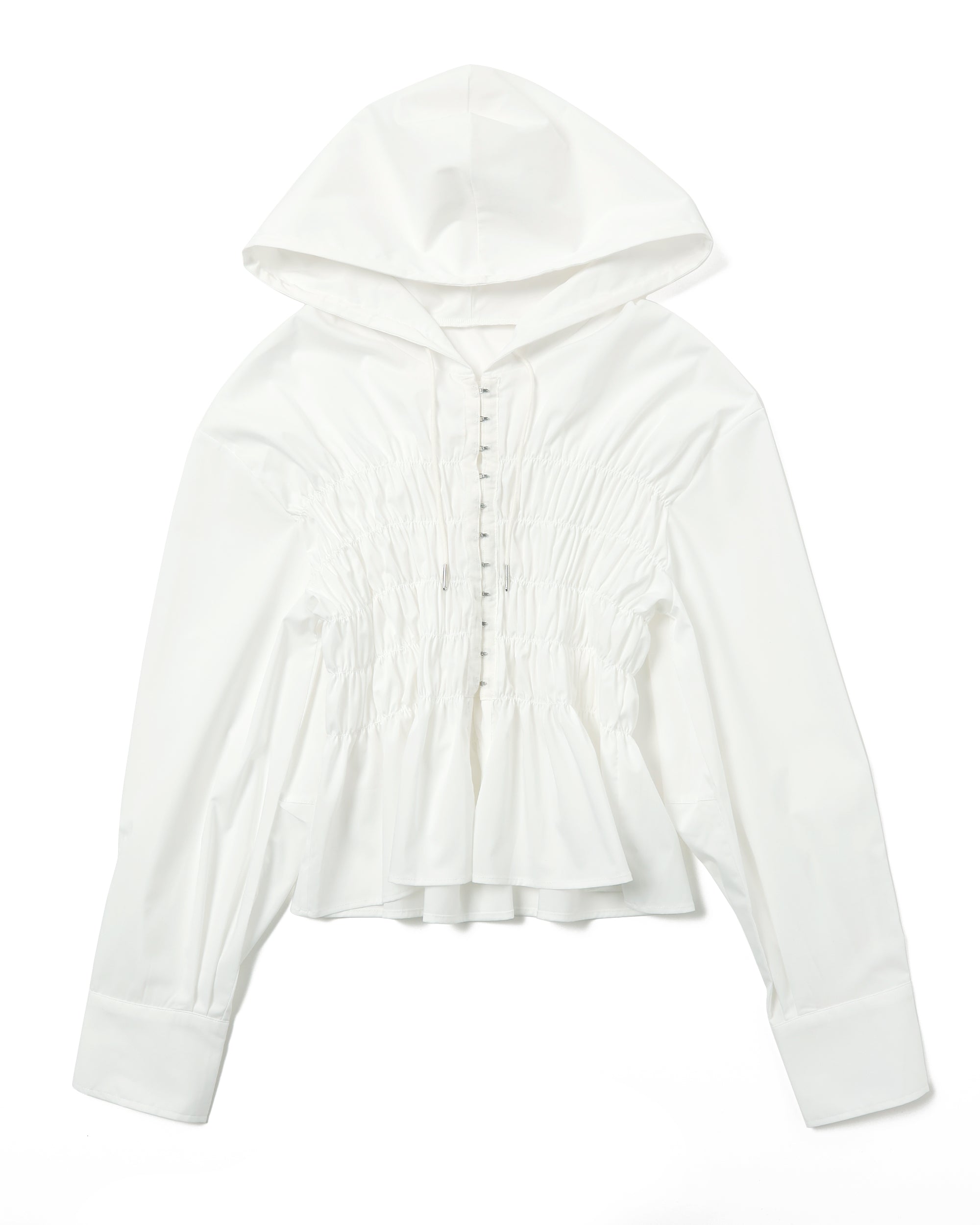 poppy あさぎーにょ シャーリングフーディシャツ Shirring hoodie shirt (white / blue stripe)