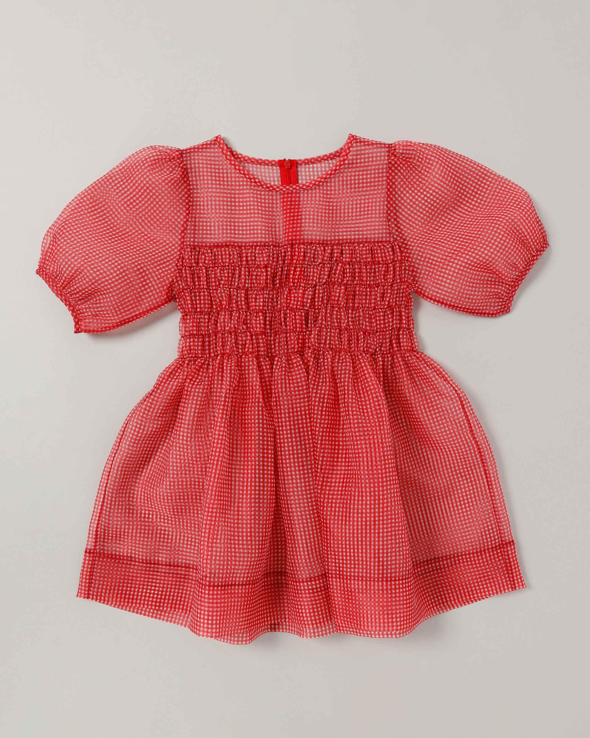 トップス GINGHAM ORGANZA SHIRRED TUNIC poppy Gingham organza shirred tunic (red)