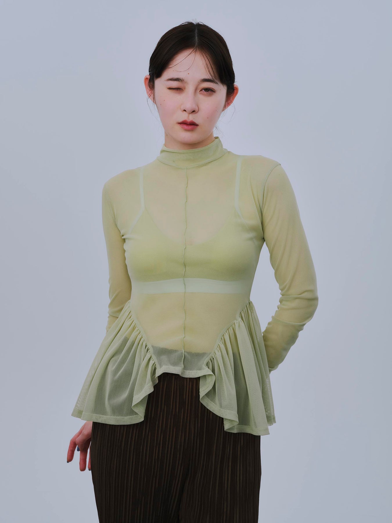 Arch gather see-through tops (Green) – POPPY