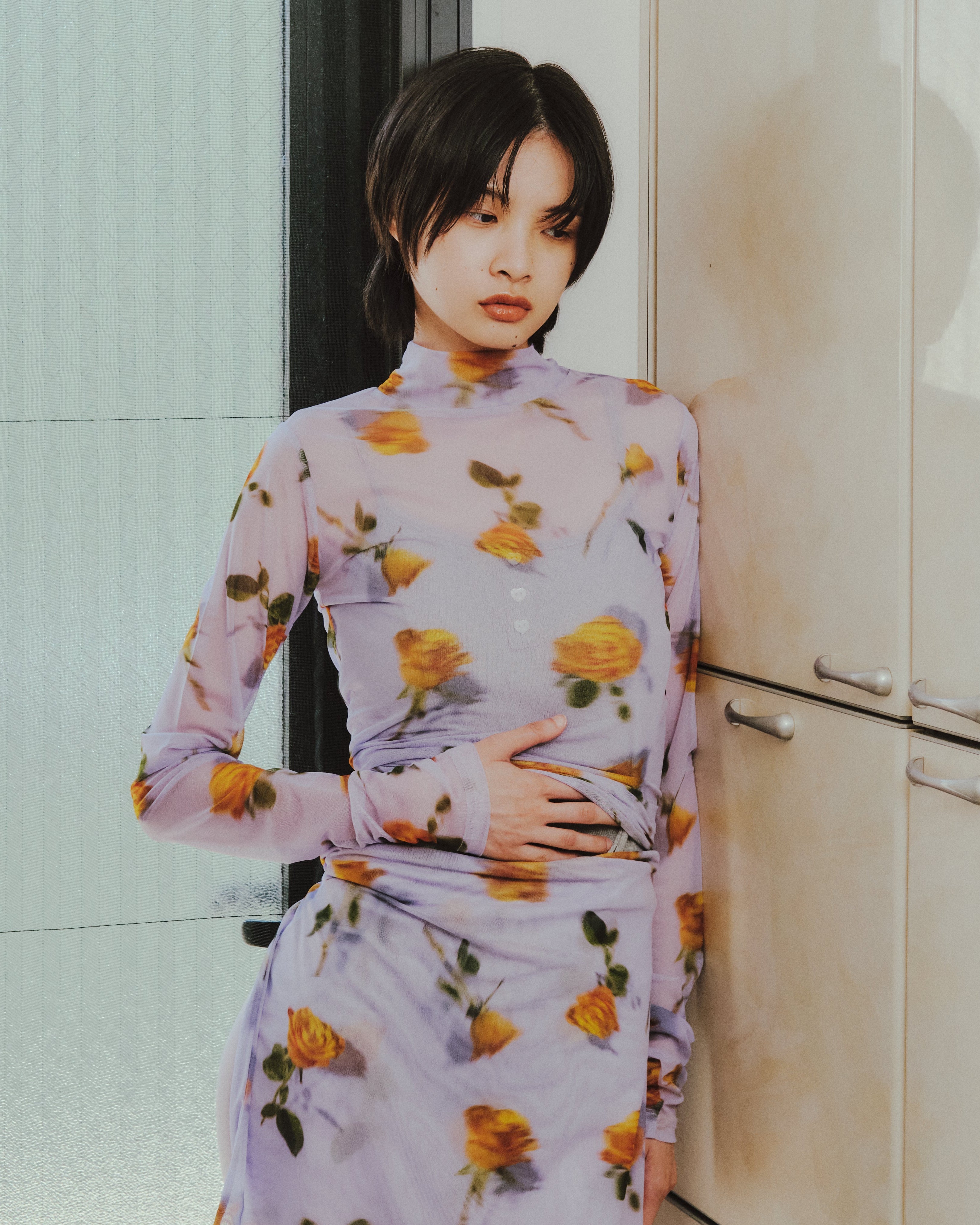 Orange rose & lavender see-through tops (high neck)