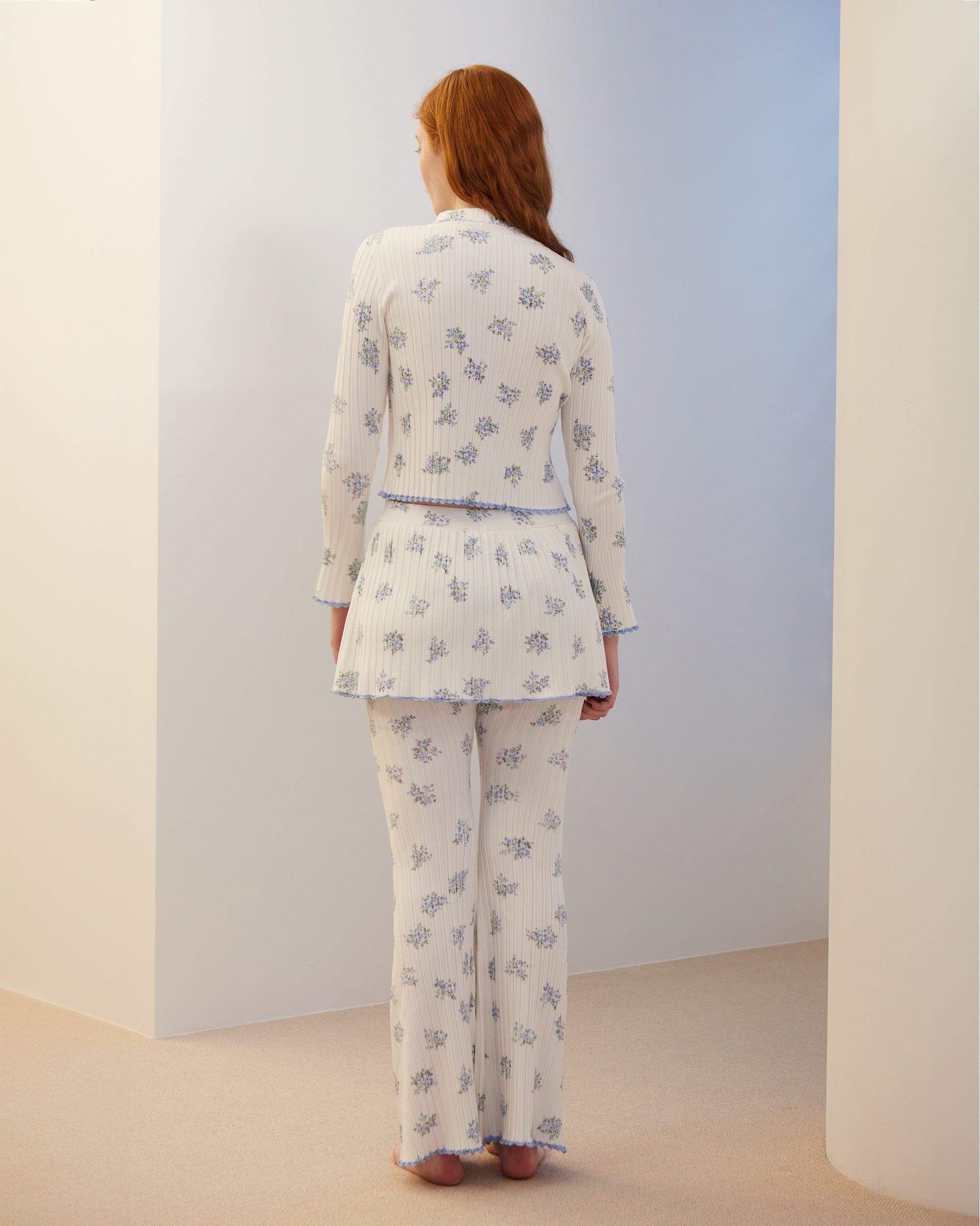 Blue flower rib knit cardigan