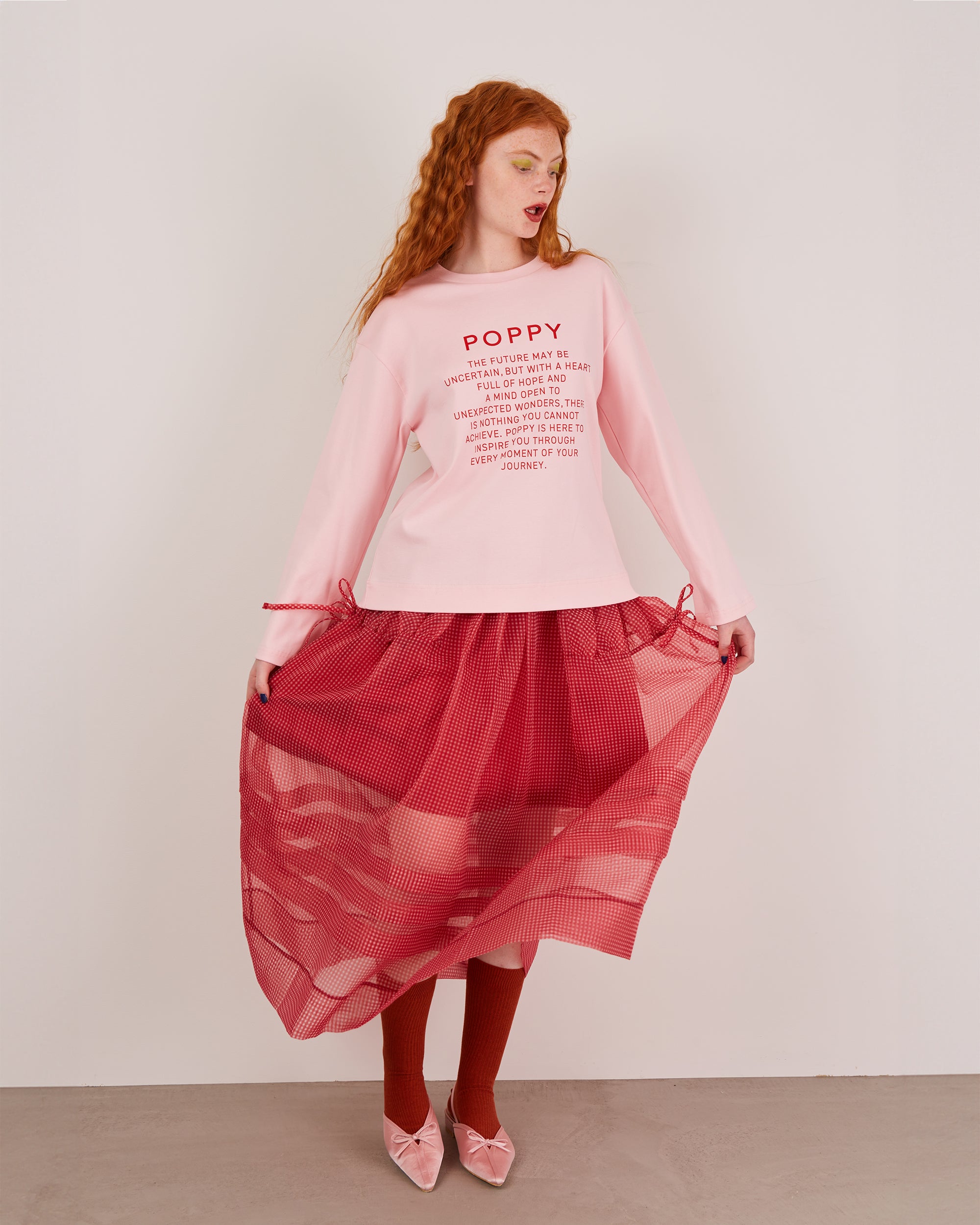 Gingham organza tuck skirt (red)