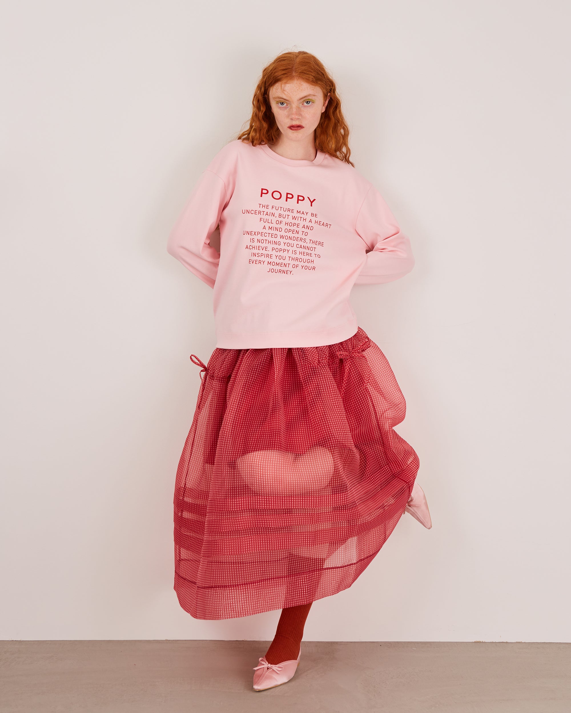 Gingham organza tuck skirt (red)