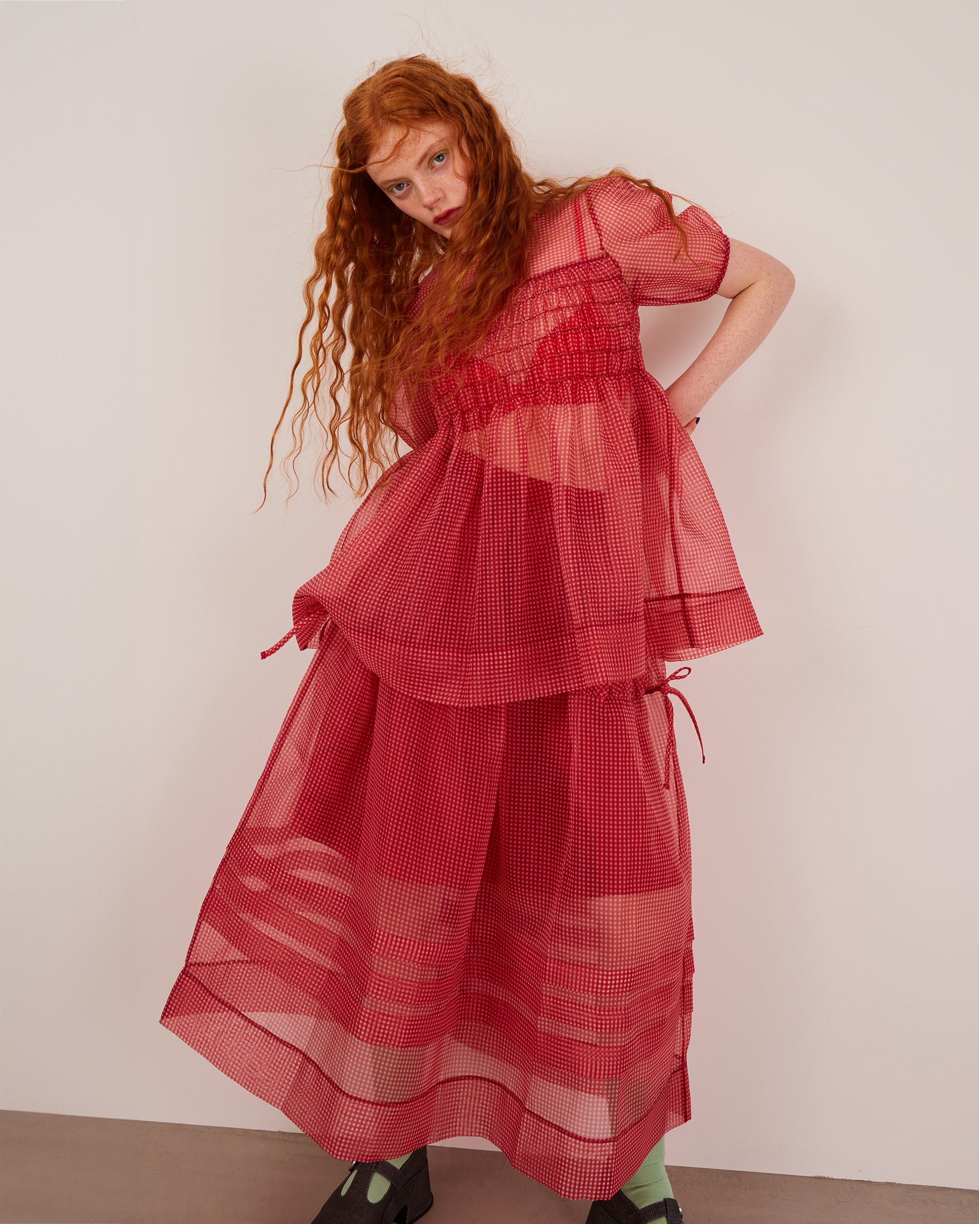 Gingham organza shirred tunic (red)