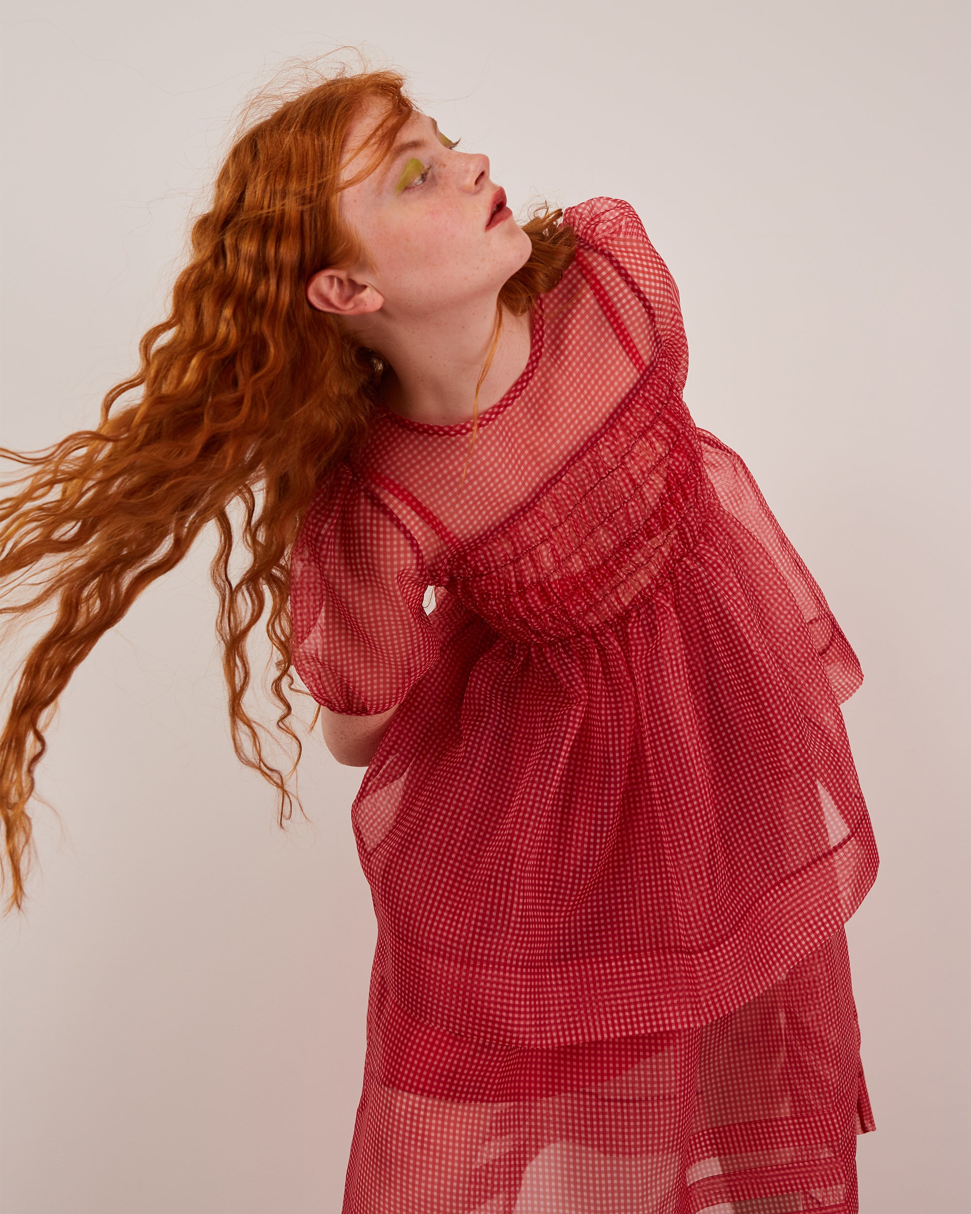 Gingham organza shirred tunic (red)