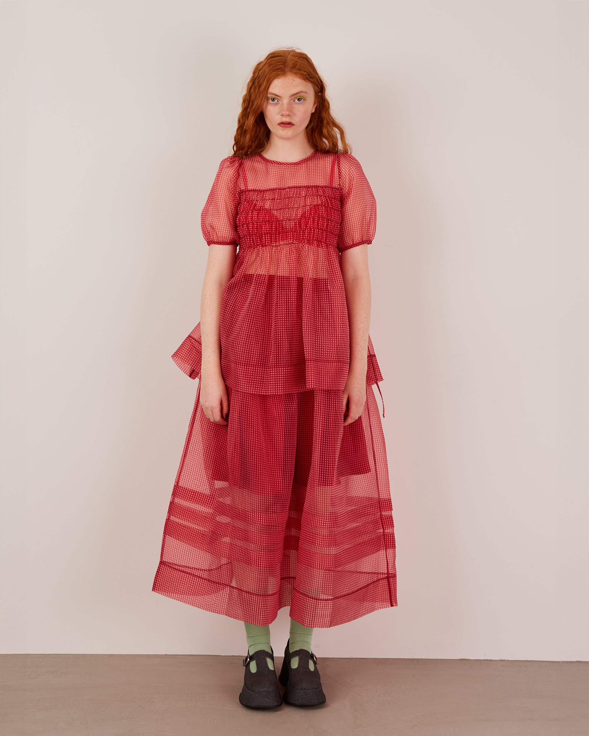 Gingham organza shirred tunic (red)
