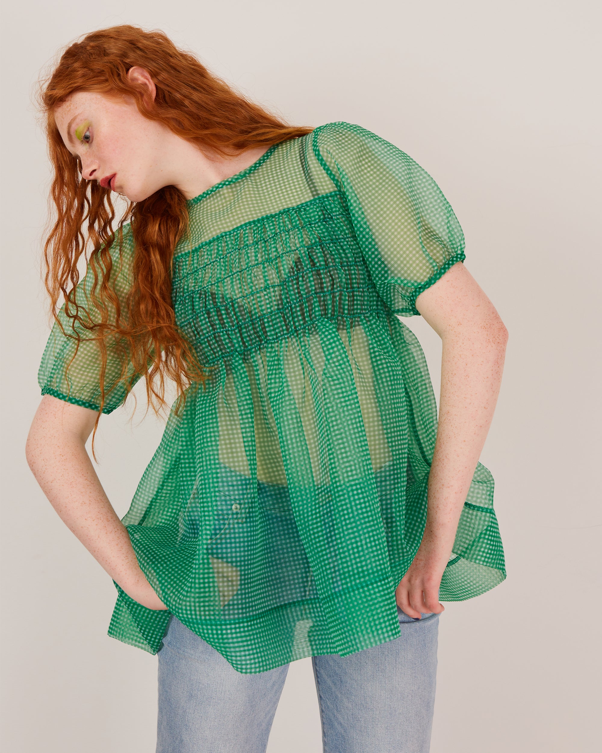 Gingham organza shirred tunic (green)