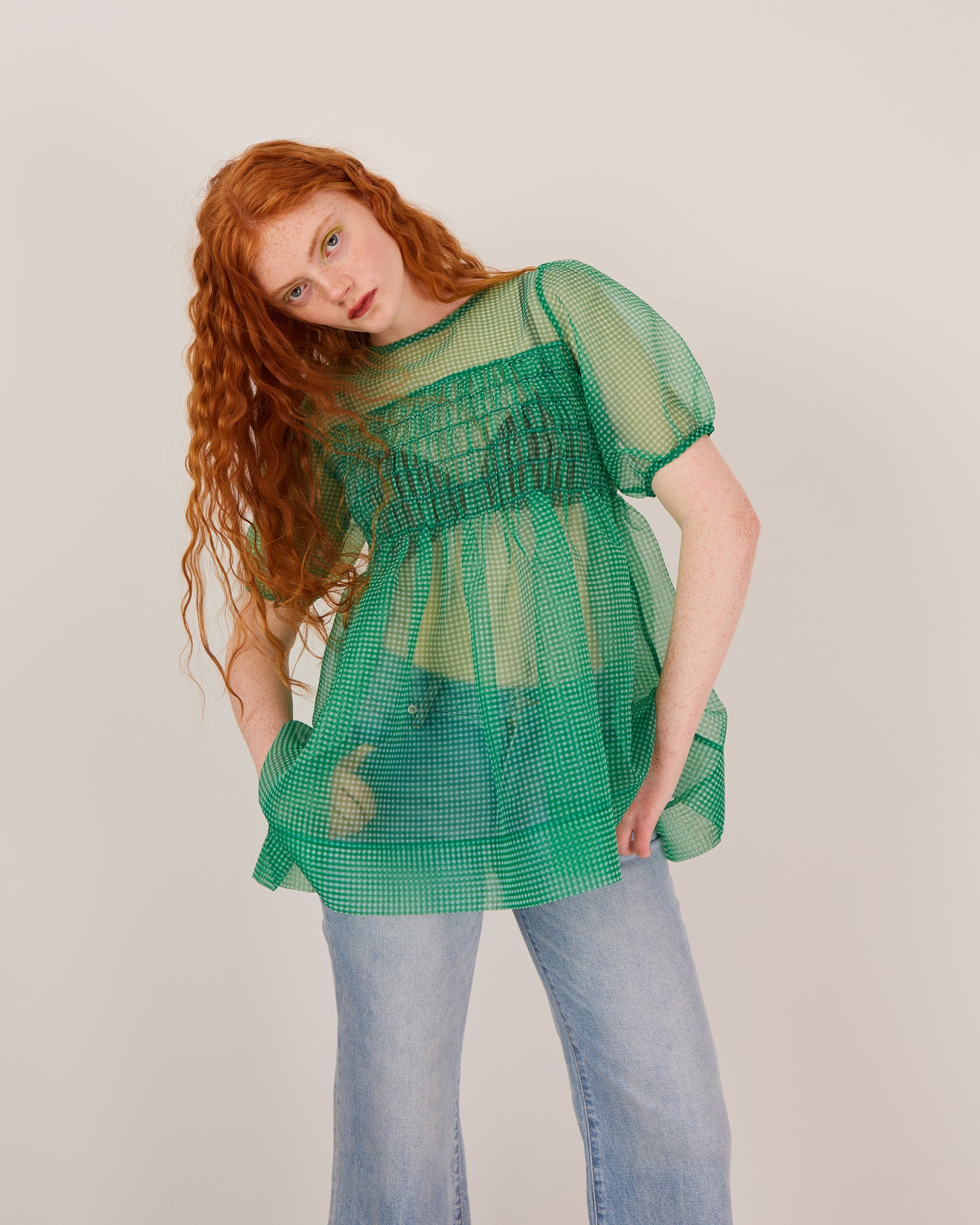 Gingham organza shirred tunic (green)