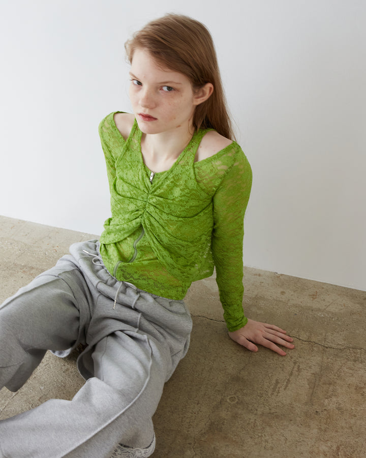 【グリーン】100万円超　ヌートリア 毛皮 カシミア トップス Lace layered high neck tops (green) – POPPY