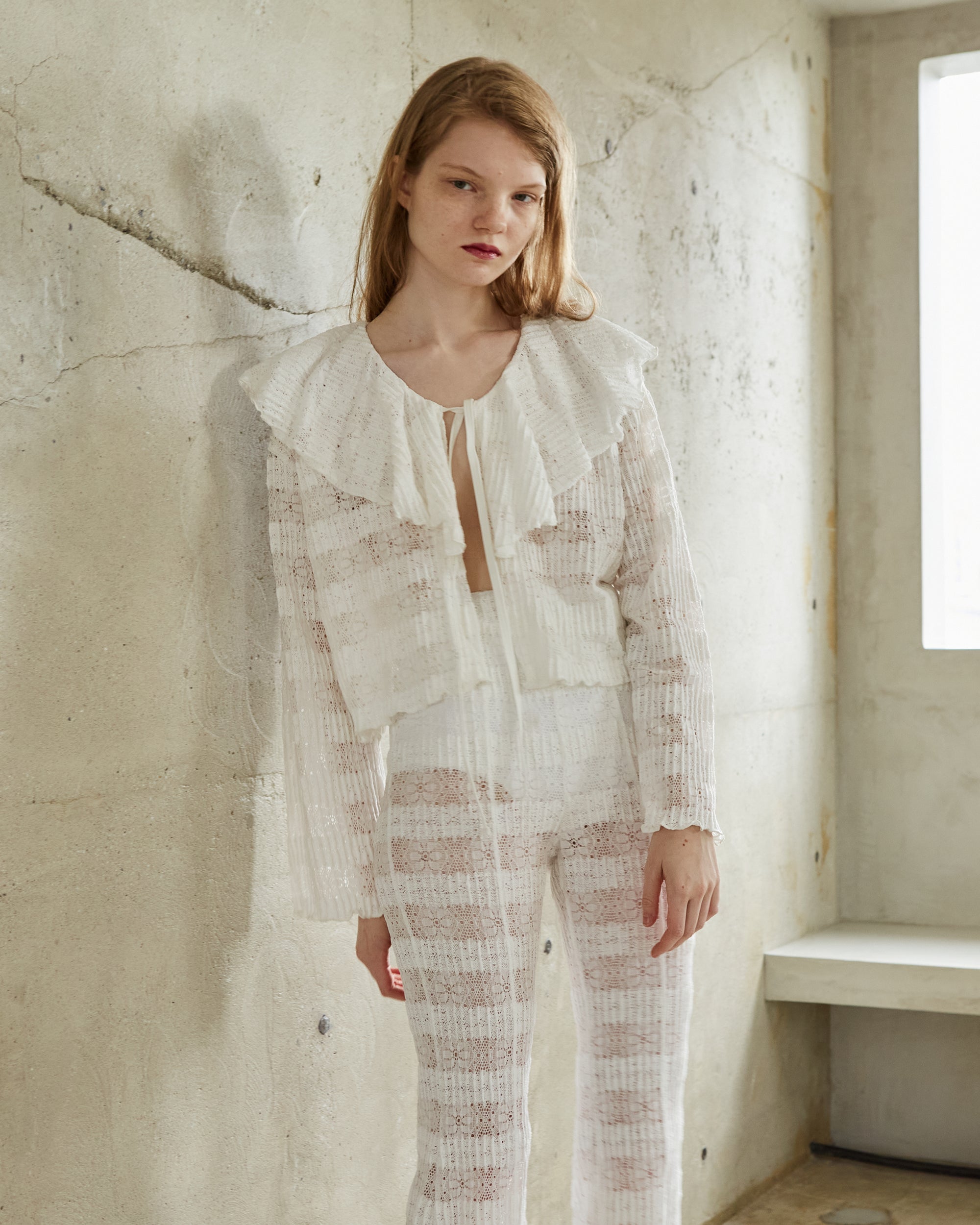 Lace knit ruffle cardigan