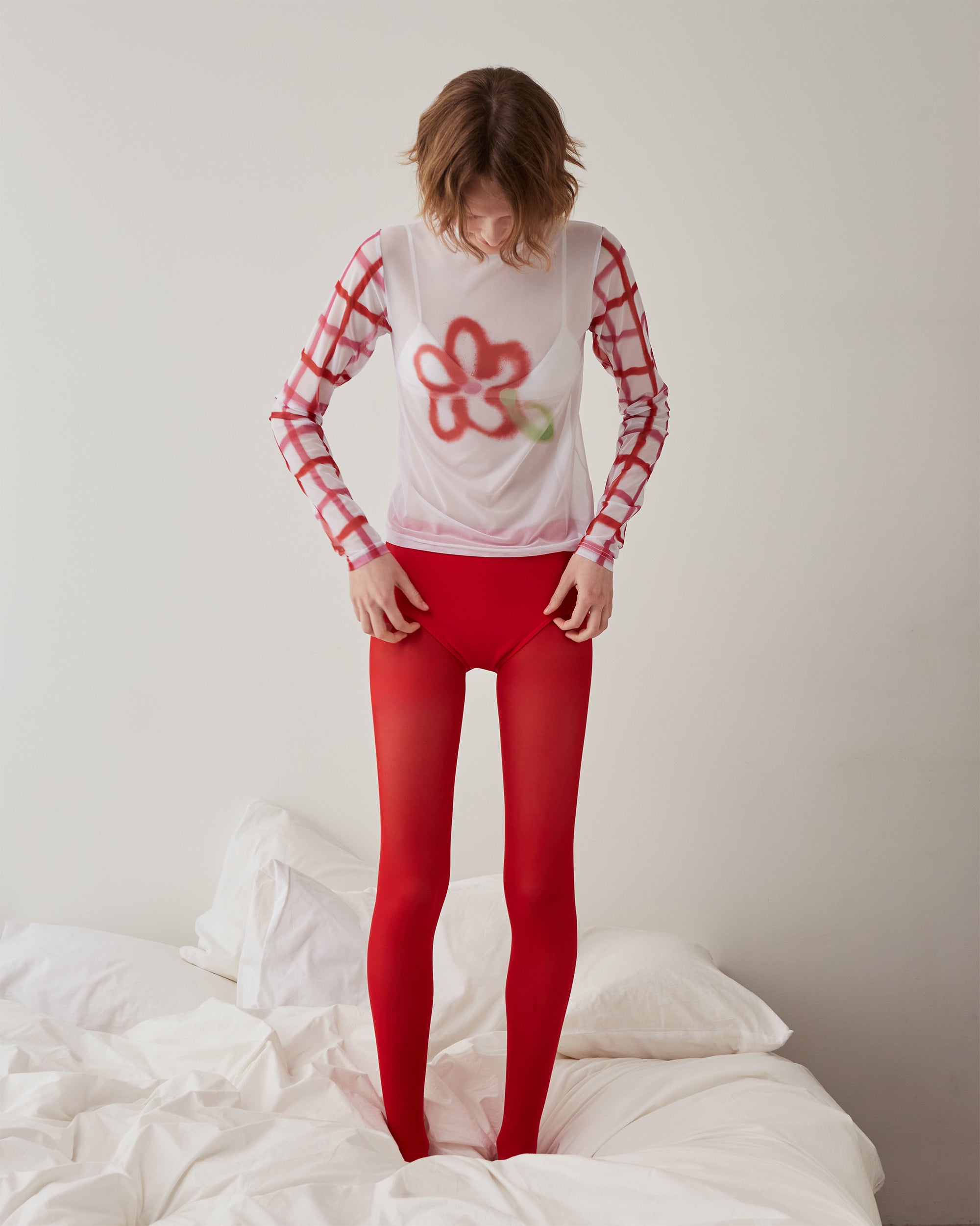 Check sleeve spray flower see-through tops (high neck)