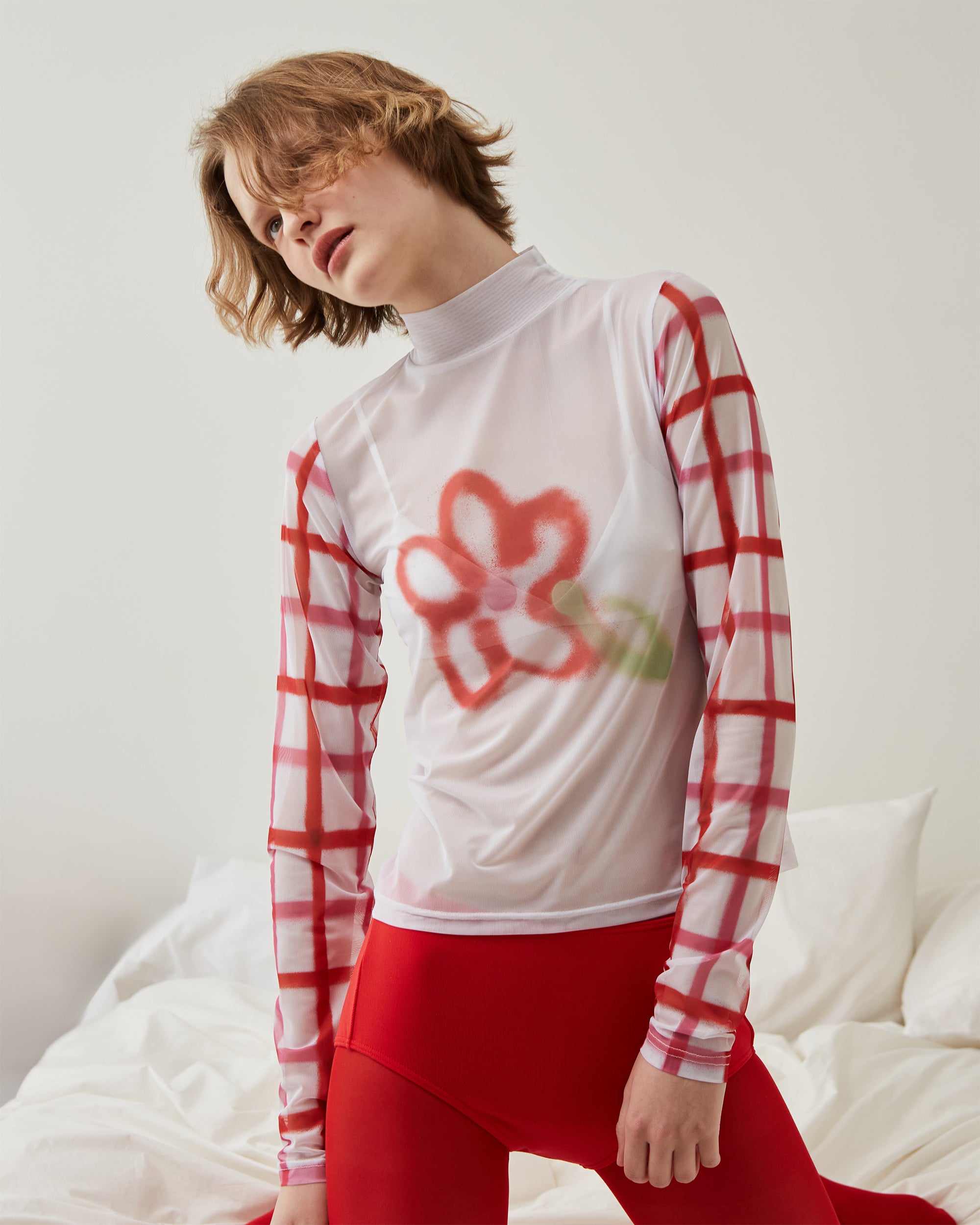 トップス POPPY see-through tops Check sleeve spray flower see-through tops (high neck)