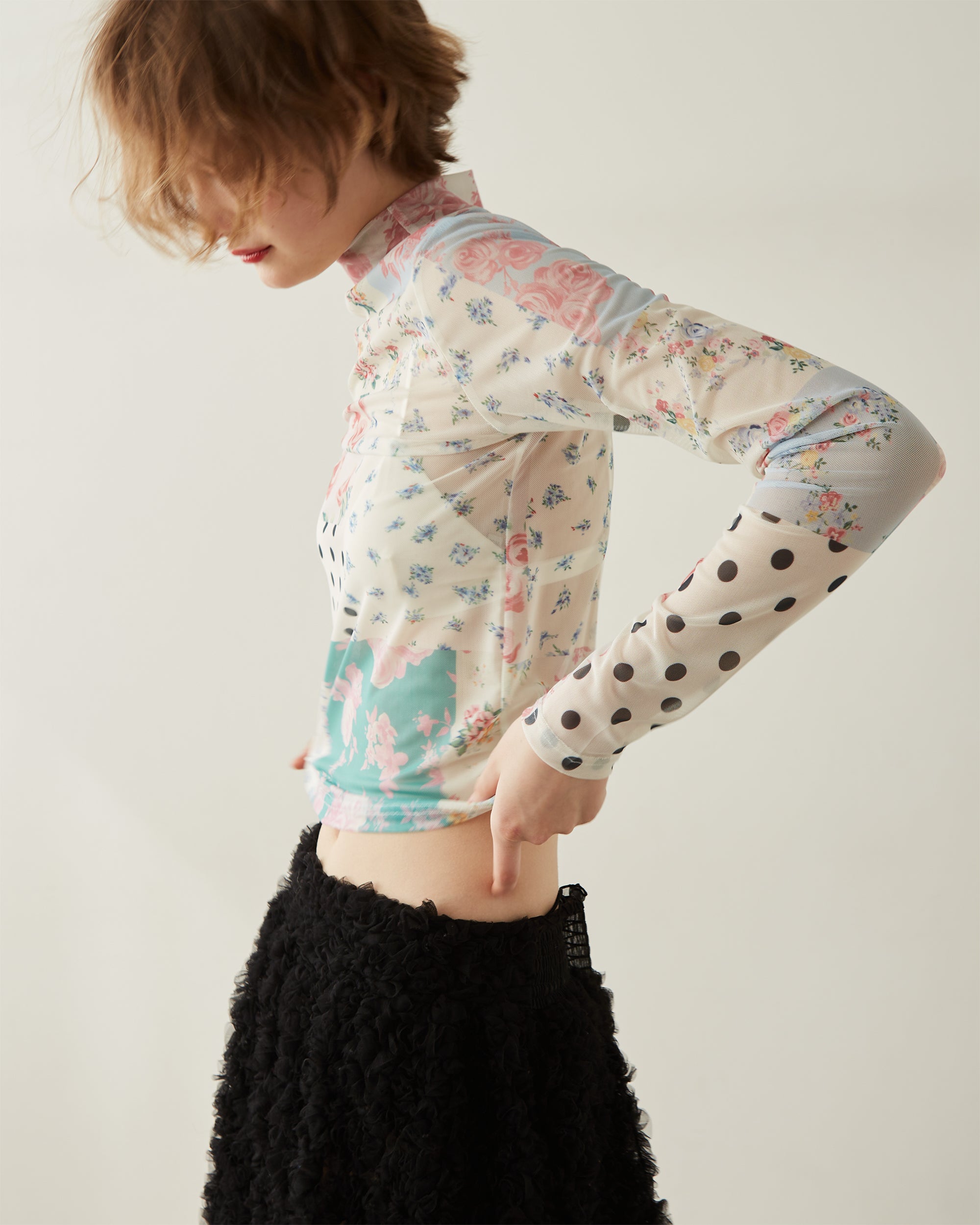 Nostalgic patchwork see-through tops (high neck)