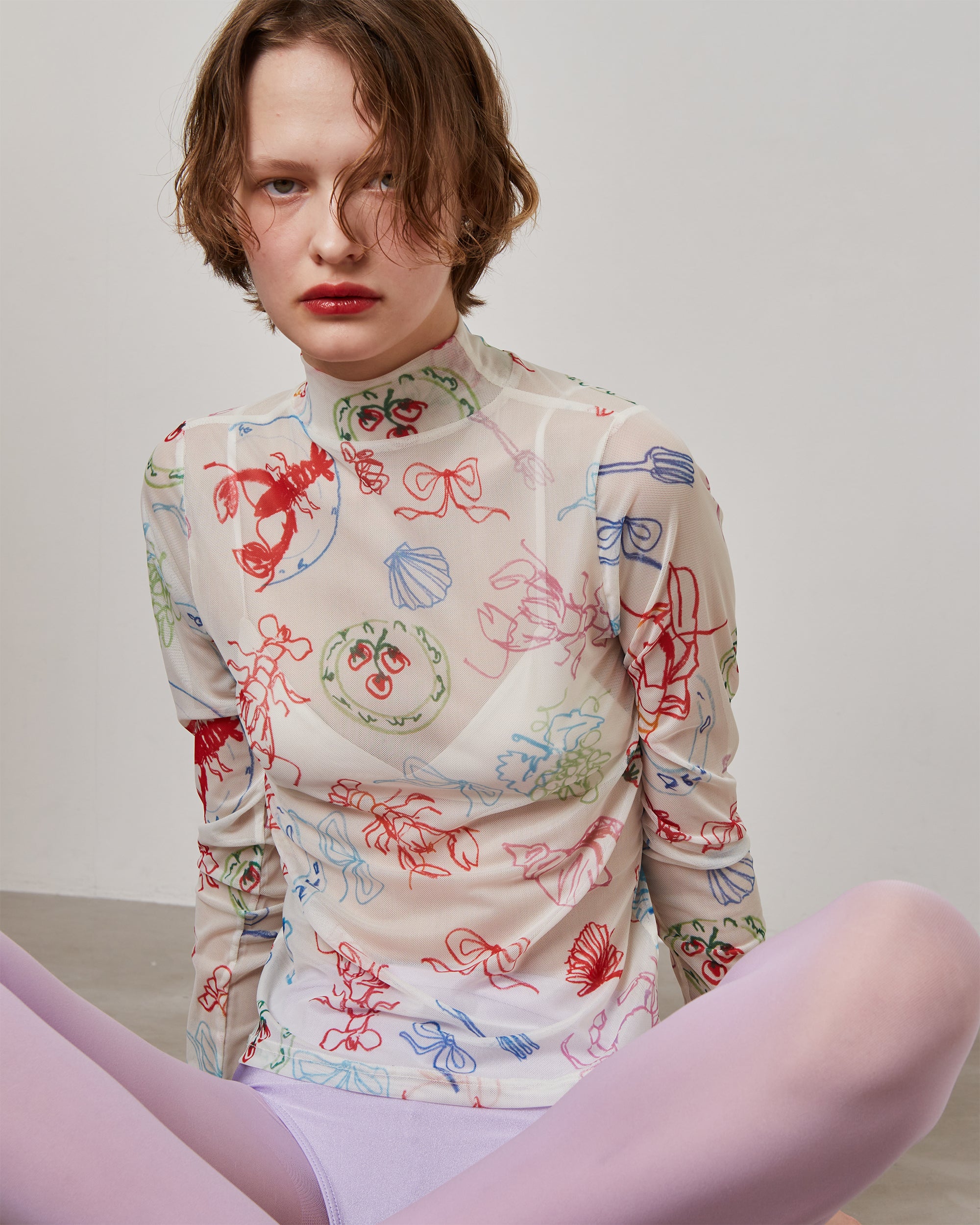 トップス POPPY PHOTO ROSES SEE-THROUGH TOPS Photo ROSES Pink see-through tops (high neck)