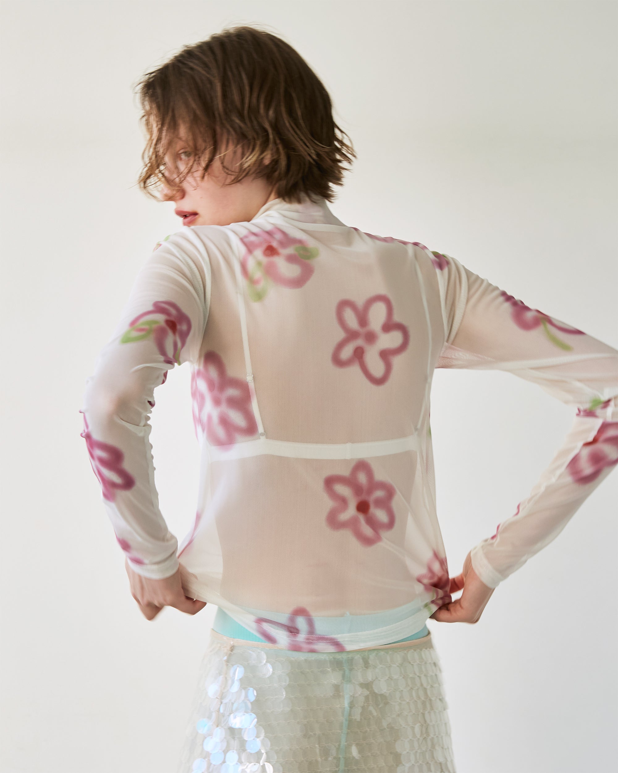 Pink spray flower see-through tops (high neck)