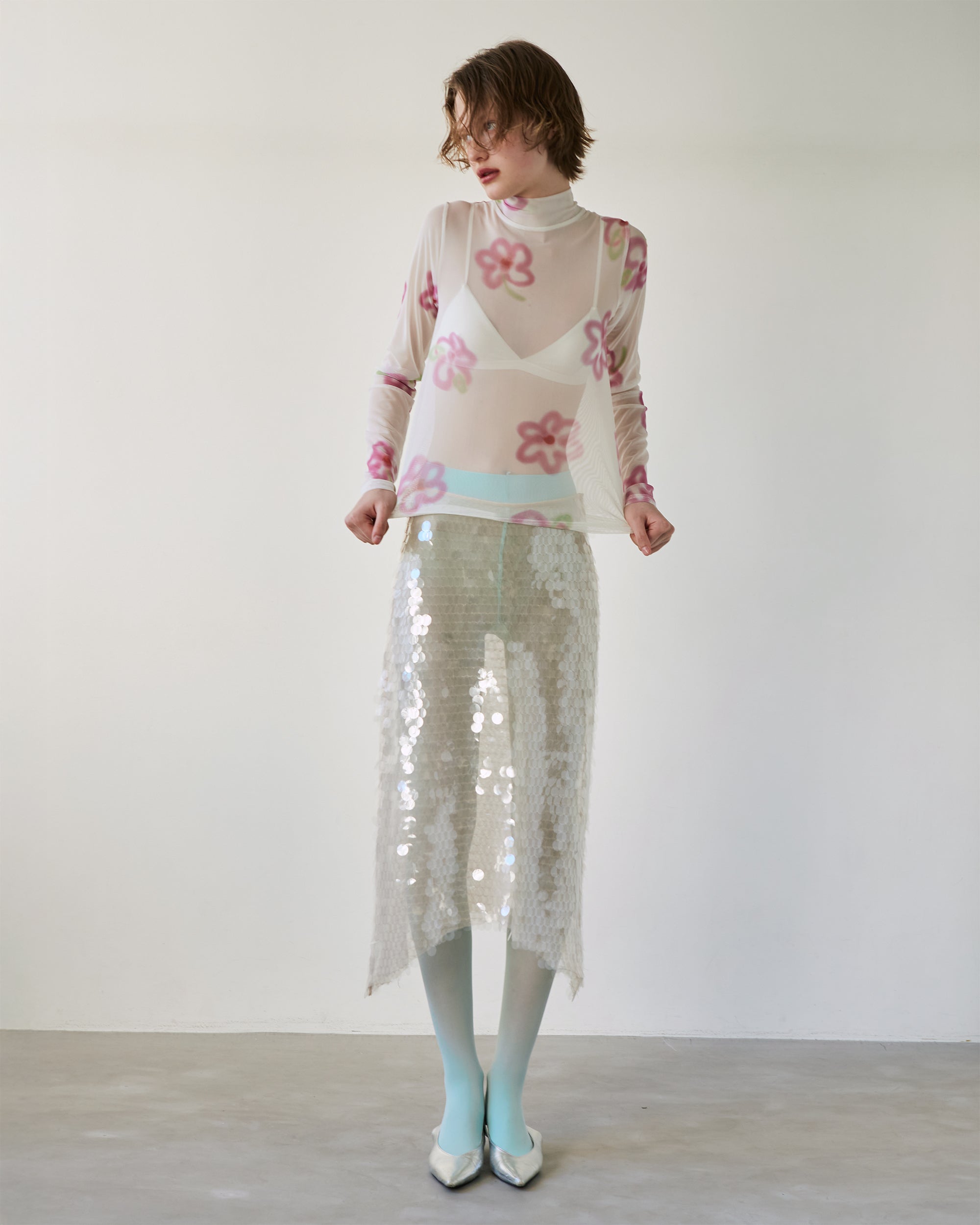 Pink spray flower see-through tops (high neck)