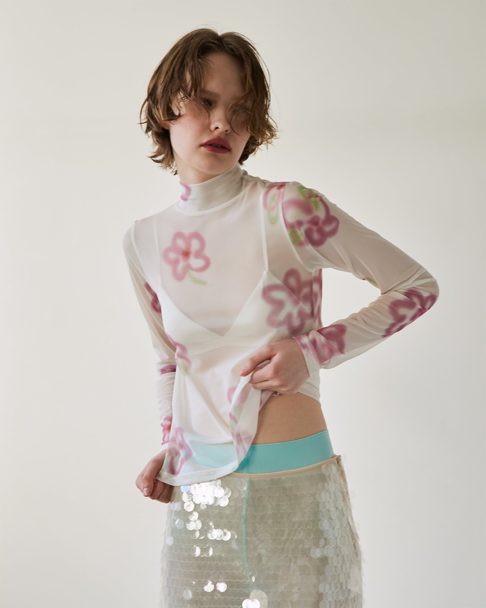 Pink spray flower see-through tops (high neck)