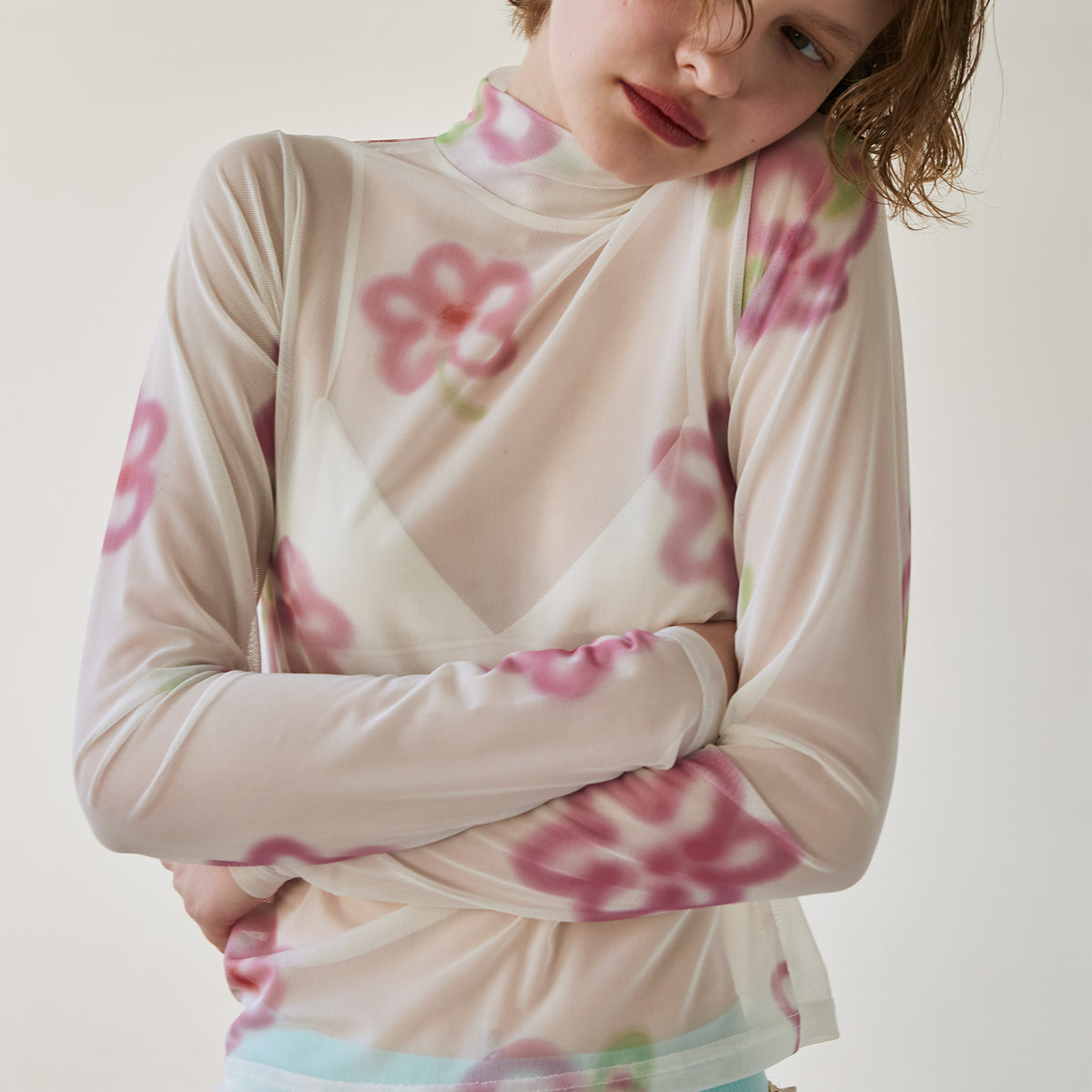 Pink spray flower see-through tops (high neck)