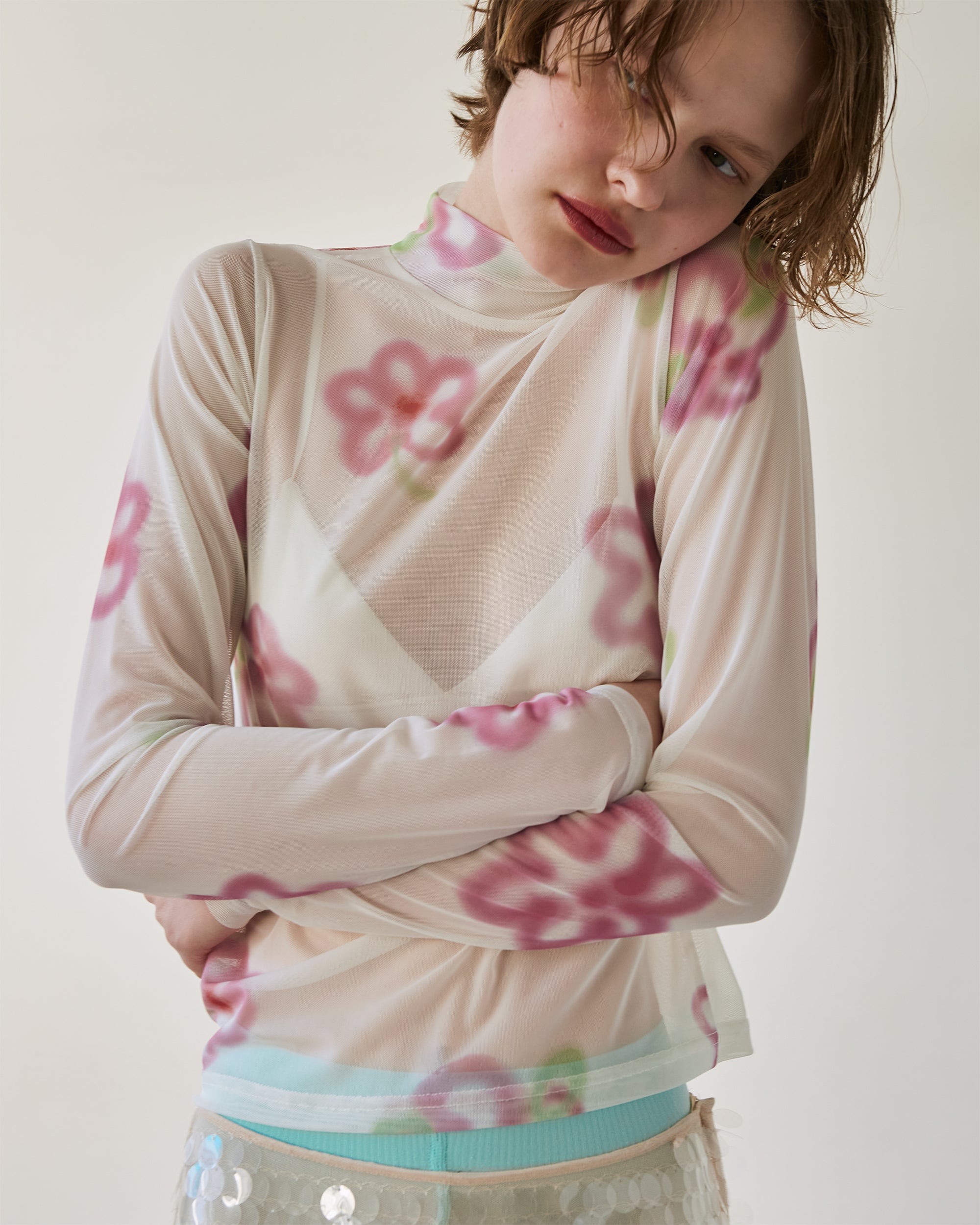 Pink spray flower see-through tops (high neck)