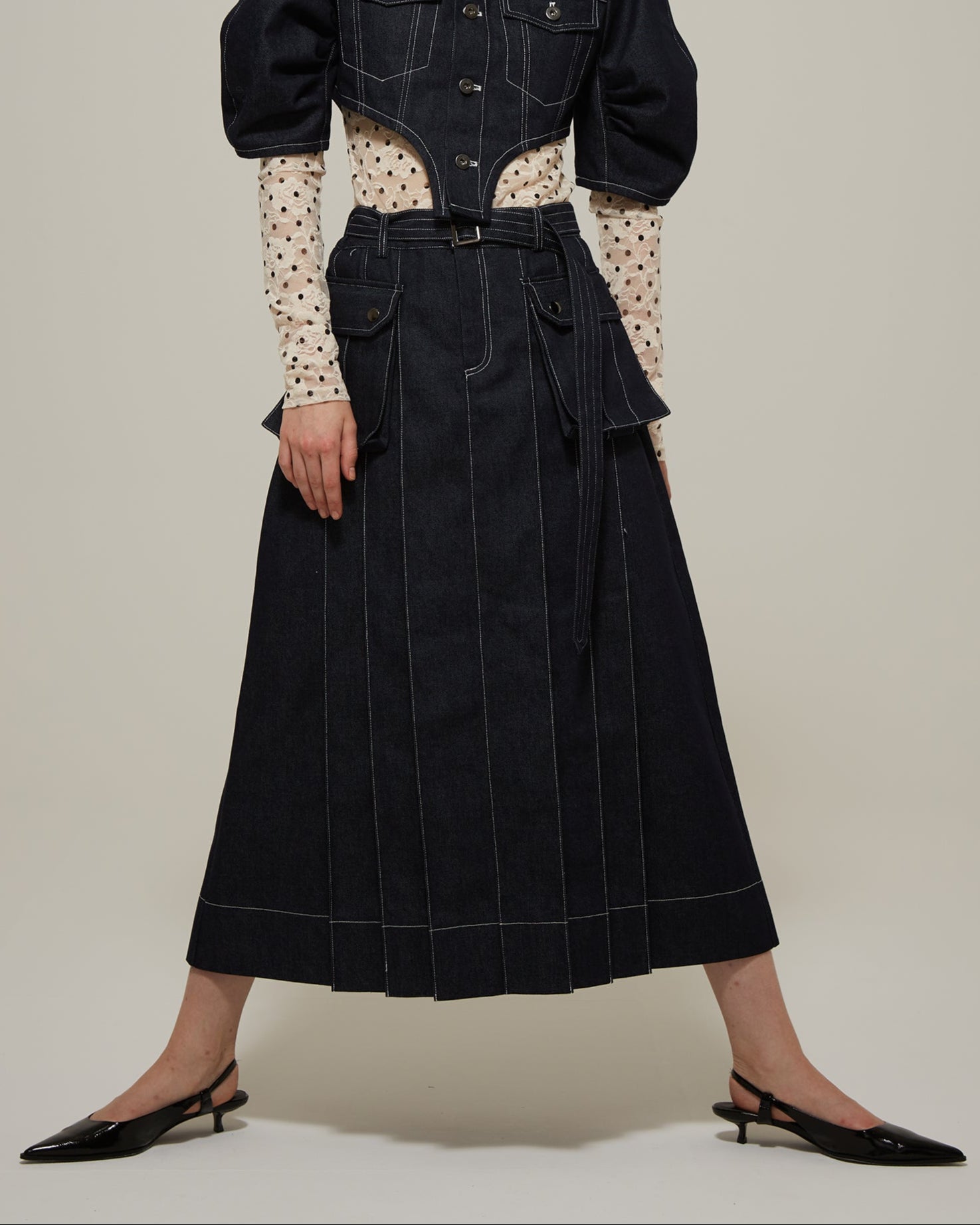 Pleated long denim skirt