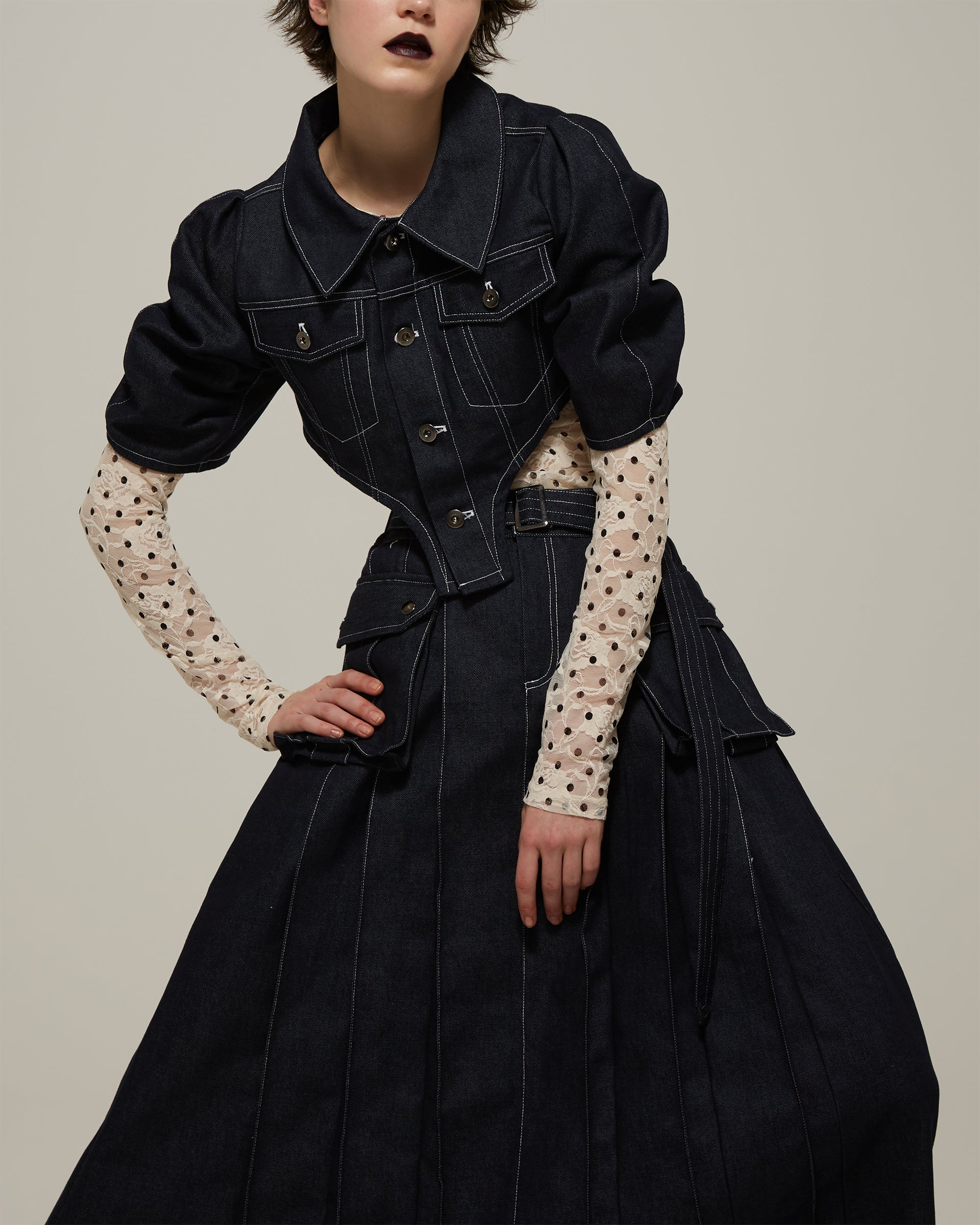 Pleated long denim skirt